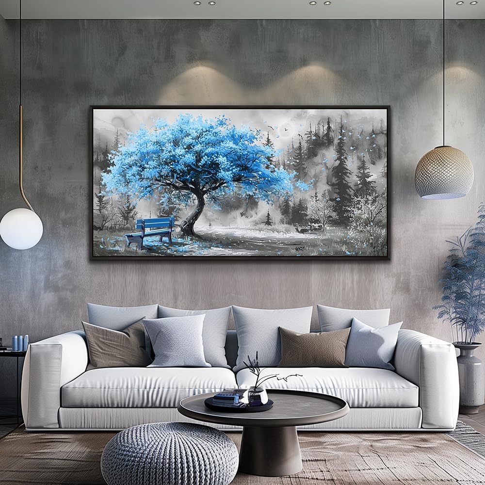 ZUITINGHUA Black Framed Canvas Wall Art For Living Room Large Wall Decor For Office Bedroom Decorations Blue Tree Landscape Pictures Black And White Paintings Artwork Aesthetic Home Decor 30x60 In
