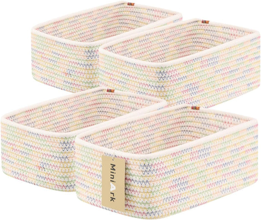 Small Storage Baskets for Organizing | Closet Organizer Bins | Shelf Toy Basket | Woven Rope Baskets | Cube Decorative Box | Shallow Basket | 11.5x7.5x4.7” | 4 Packs Rainbow