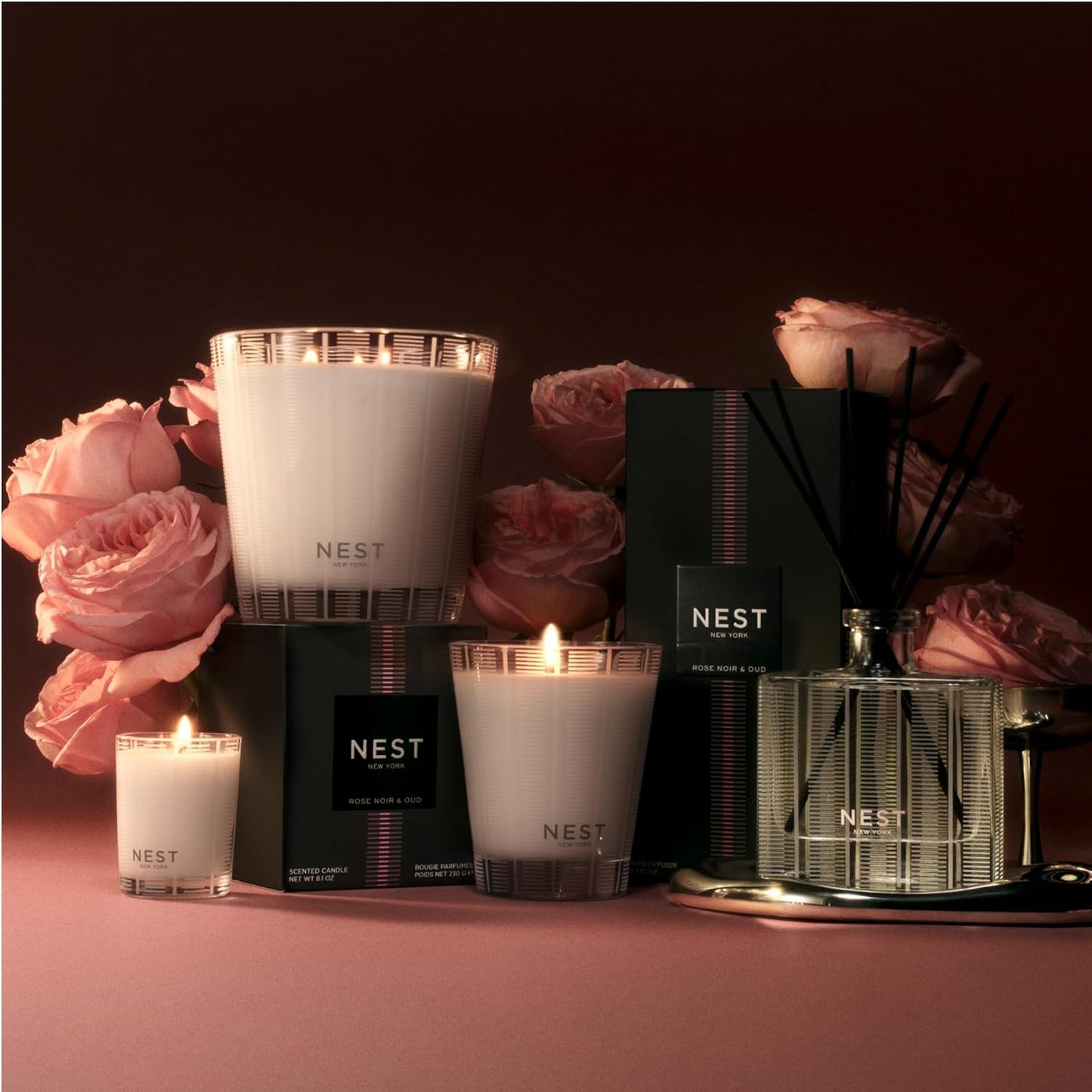 NEST New York Scented Classic Candle, Rose Noir & Oud - 8.1 oz - Up to 60-Hour Burn Time - Reusable Glass Vessel