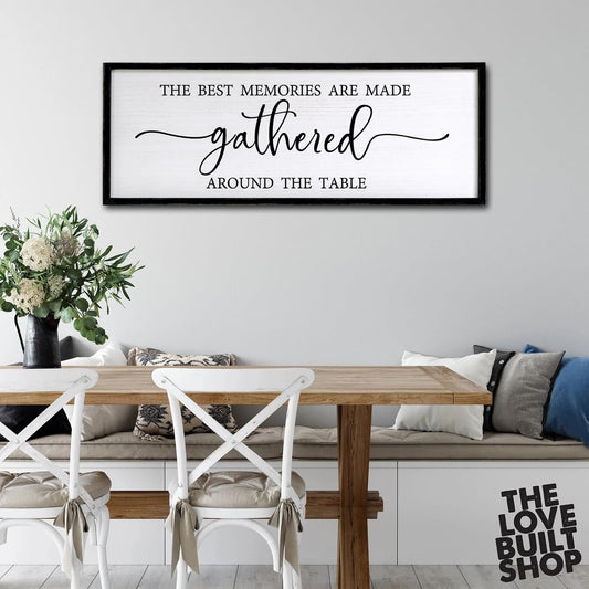 The Best Memories are Made Gathered Around The Table Sign Framed Wall Art, 32''×12'' Rustic Horizontal Plaque with Black Frame for Dinning Living Room, Farmhouse Long Home Family Wood Sign Wall Decor