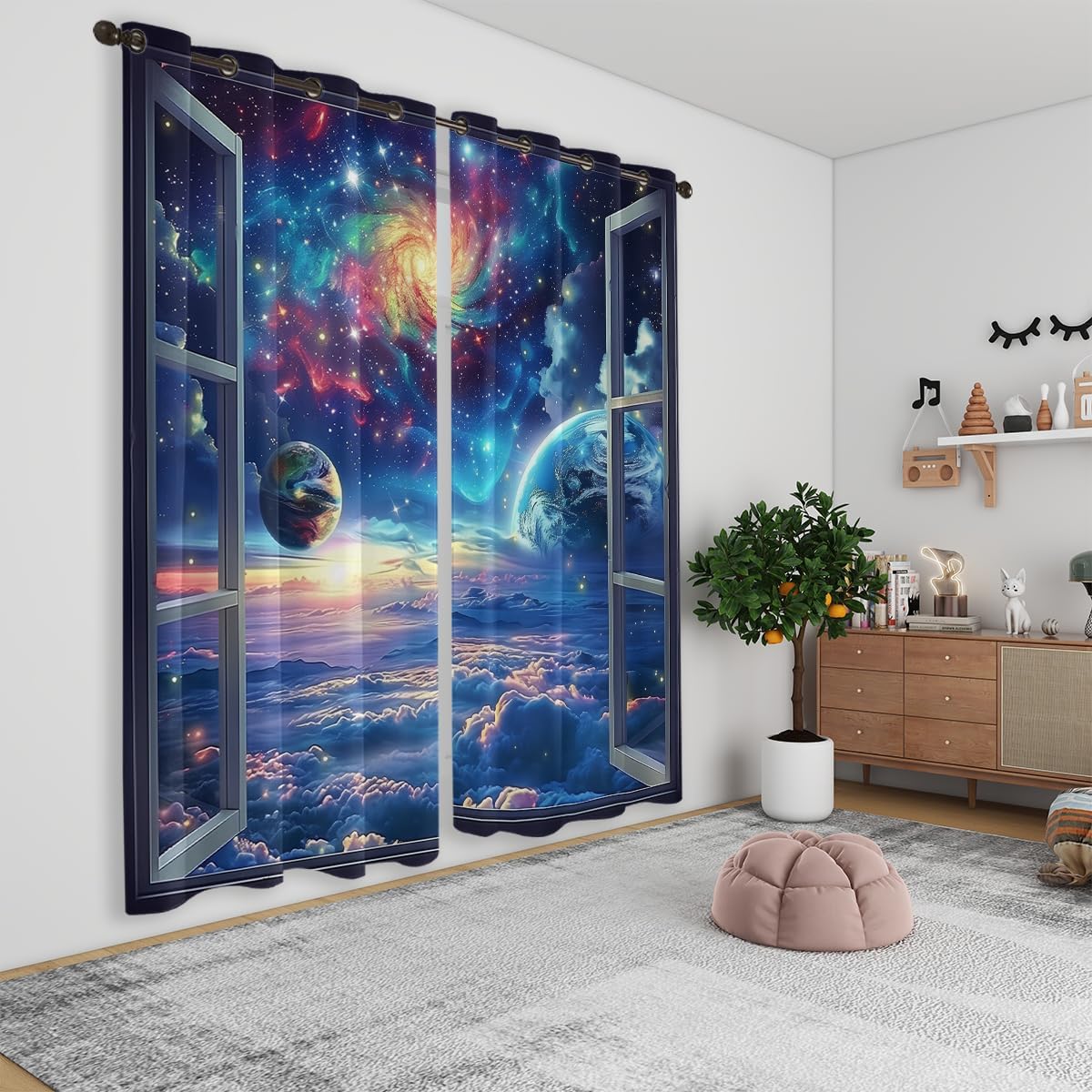 Space Galaxy Blackout Curtains for Girls Boys Kids Home Decor, Universe Nebula Galaxies Solar Planet Grommet Thermal Insulated Drapes Darkening Window Curtain for Bedroom Living Room, 42 x 63 Inch