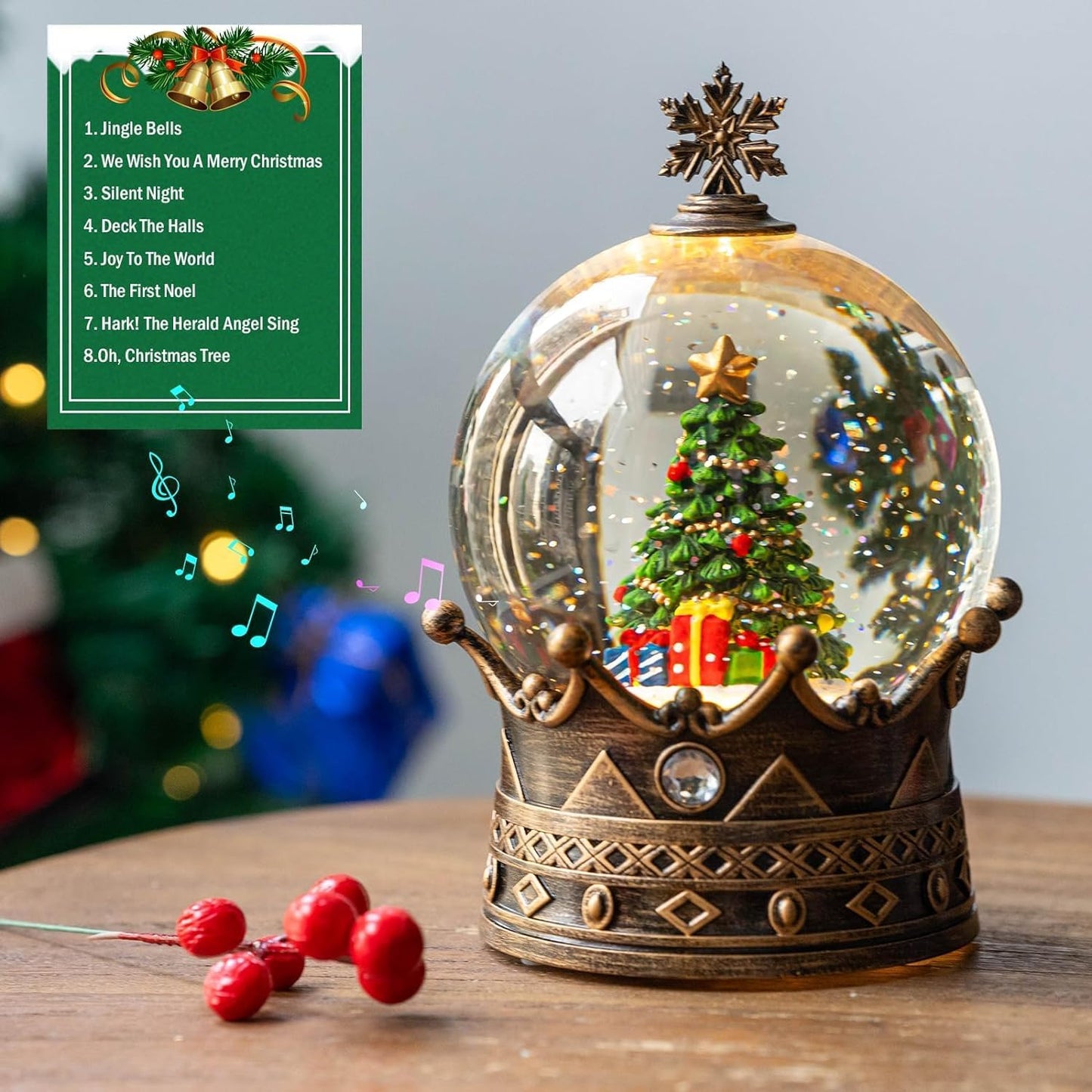 Christmas Snow Globe Lantern Water Glittering Christmas Tree Crown with Music, USB Lined/Battery Operated Lighted Lantern for Christmas Festival Decoration Gifts
