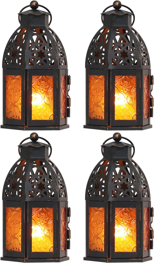 NEEDOMO Set of 4 Moroccan Candle Lantern, 9" Ramadan Lanterns Decorative Indoor Outdoor, Vintage Candle Holder for Chritsmas, Halloween, Table, Patio, Porch, Shelf, Ramadan Decorations (Amber)