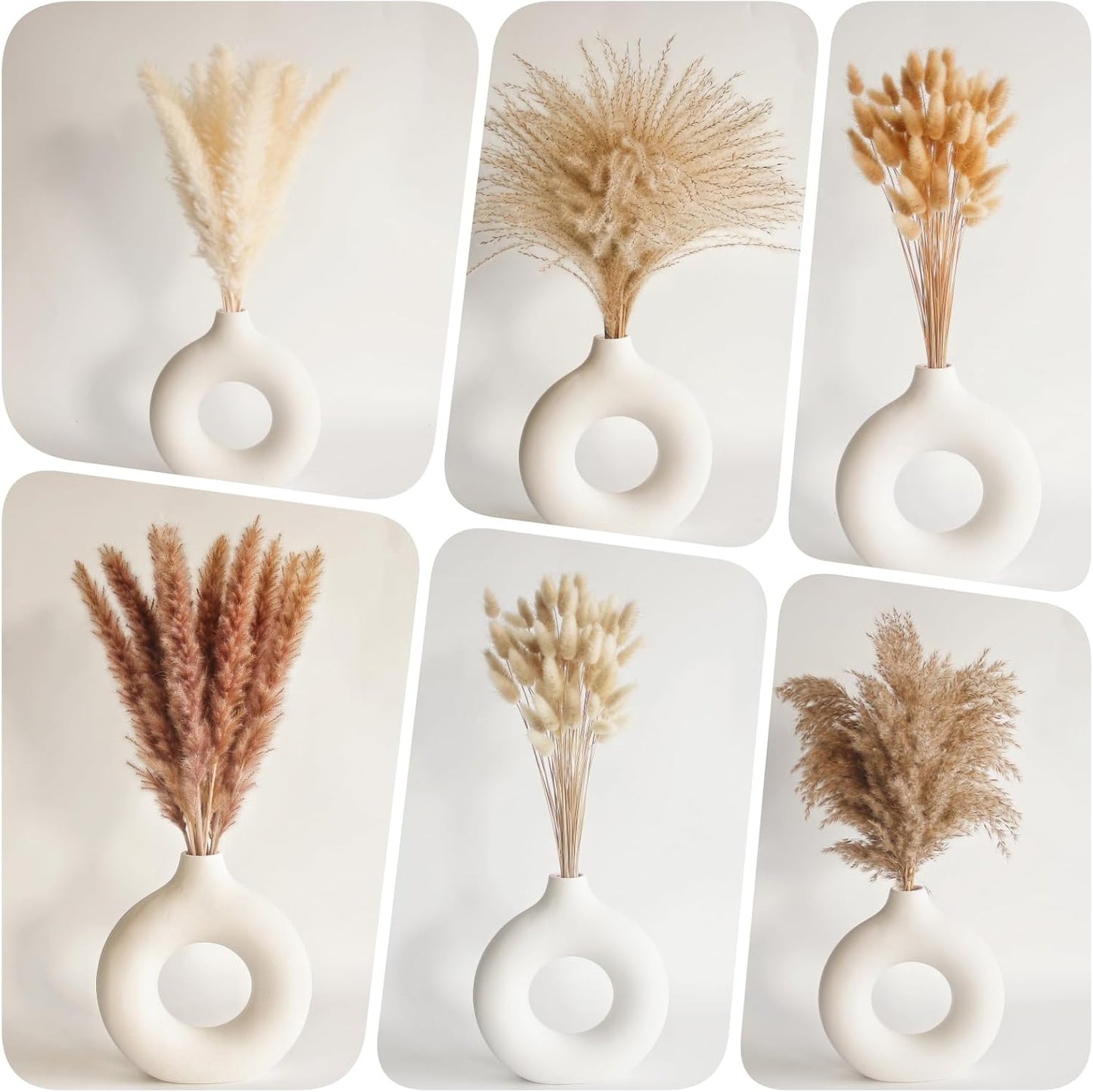 Dried Pampas Grass Decor, 120 PCS Pampas Grass with Bunny Tails Dried Flowers, Reed Grass Bouquet for Wedding, Boho Flowers, Home Table Decor, Rustic Farmhouse Party (White and Brown)