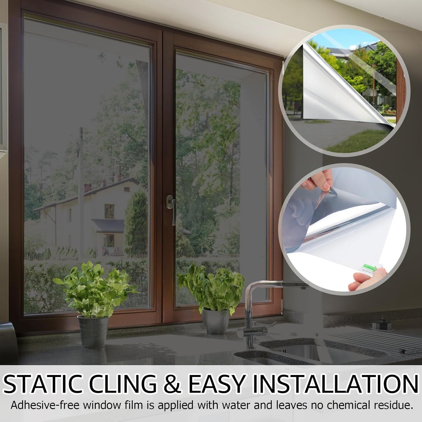 HIDBEA One Way Window Film, Daytime Privacy Sun Blocking Reflective Window Film No Glue Static Cling Heat Control Window Tinting Film for Home and Office, Black Silver, 35.4 x 98.4 Inch