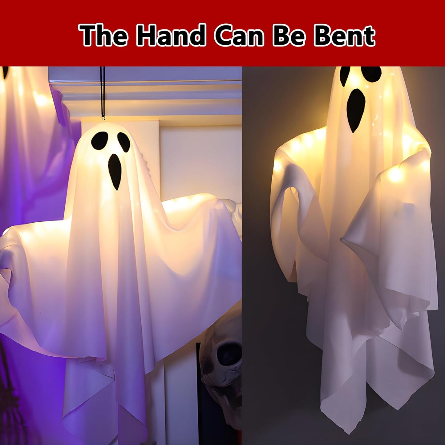 Halloween Light-up Ghost Decorations,Halloween Hanging Flying Ghosts with String Lights,Battery Operated Light up Spooky Ghosts Ornaments for Front Yard, Patio, Lawn, Garden, Party, 19.6 Inch, 2 Pack