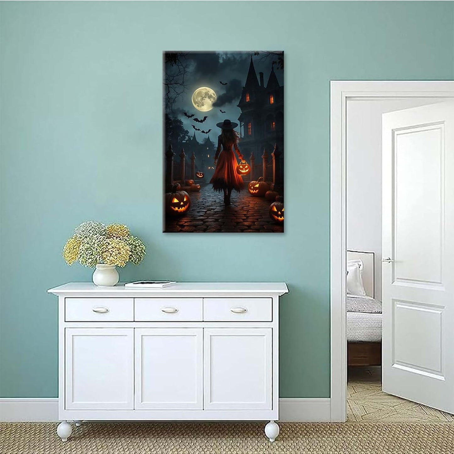 Halloween theme poster moonlit autumn night witch vintage poster art print dark college style gothic painting canvas wall decoration bedroom living room ideal gift20x30in Wood Framed