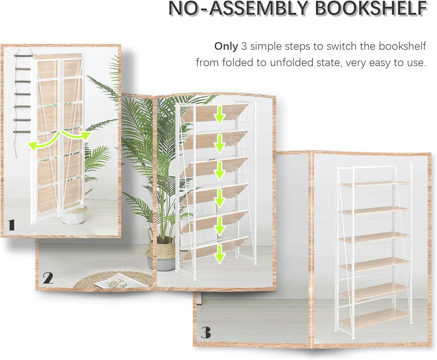4NM No Assembly Foldable Bookshelf, 6-Shelf Collapsible Bookcase Storage for Small Spaces, 74" H, Natural White