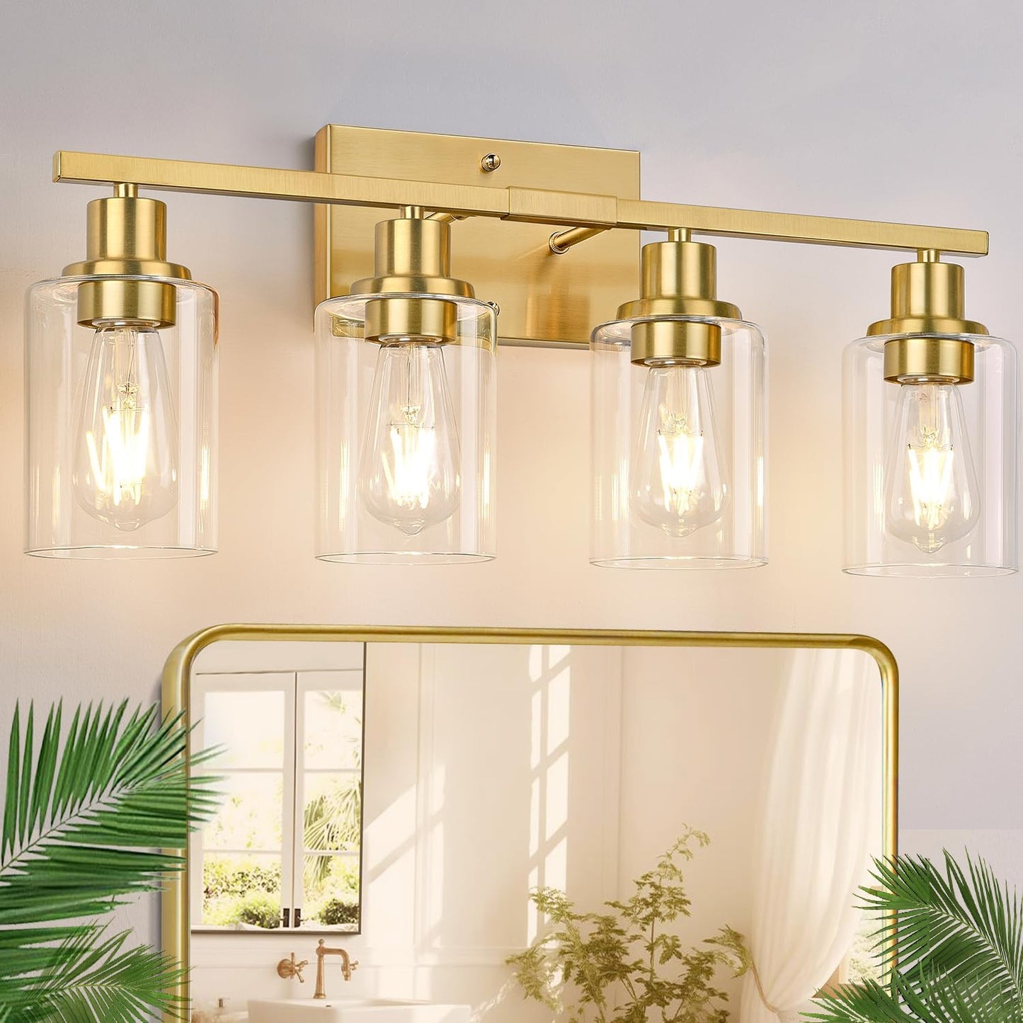 4-Light Vanity Lights with Clear Glass Shades, Brushed Gold Bathroom Light Fixtures Over Mirror, Modern Bathroom Wall Lamp for Mirror Living Room Cabinet Bedroom Porch