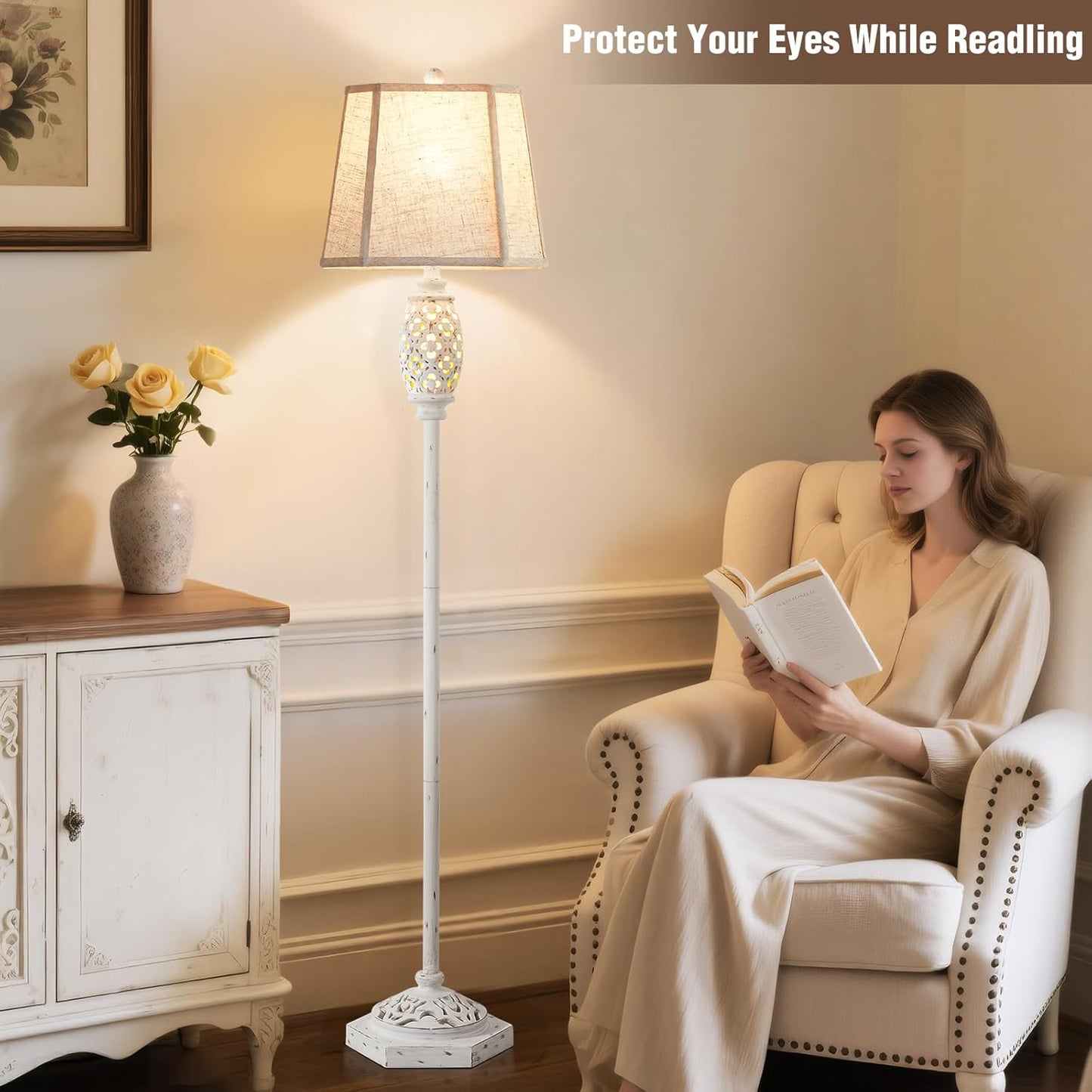 Luvkczc Rustic Floor Lamp with Floral Cutouts & Light, Vintage Farmhouse Style Standing Lamp Resin Floor Lamps for Living Room, Bedroom,Study (Bulb Included)