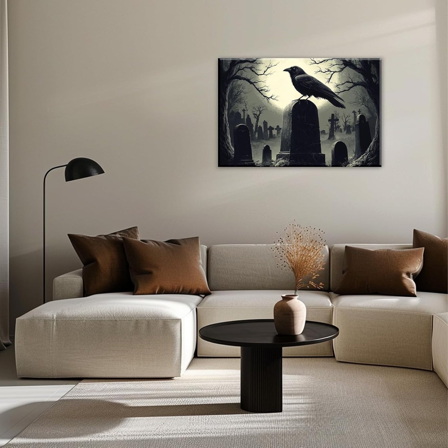 Crow Canvas Wall Art Gothic Black Bird On Branch Painting Print Spooky Forest Full Moon Scenery Poster Artwork Framed Halloween Home Decor(Artwork-3,24"x36")