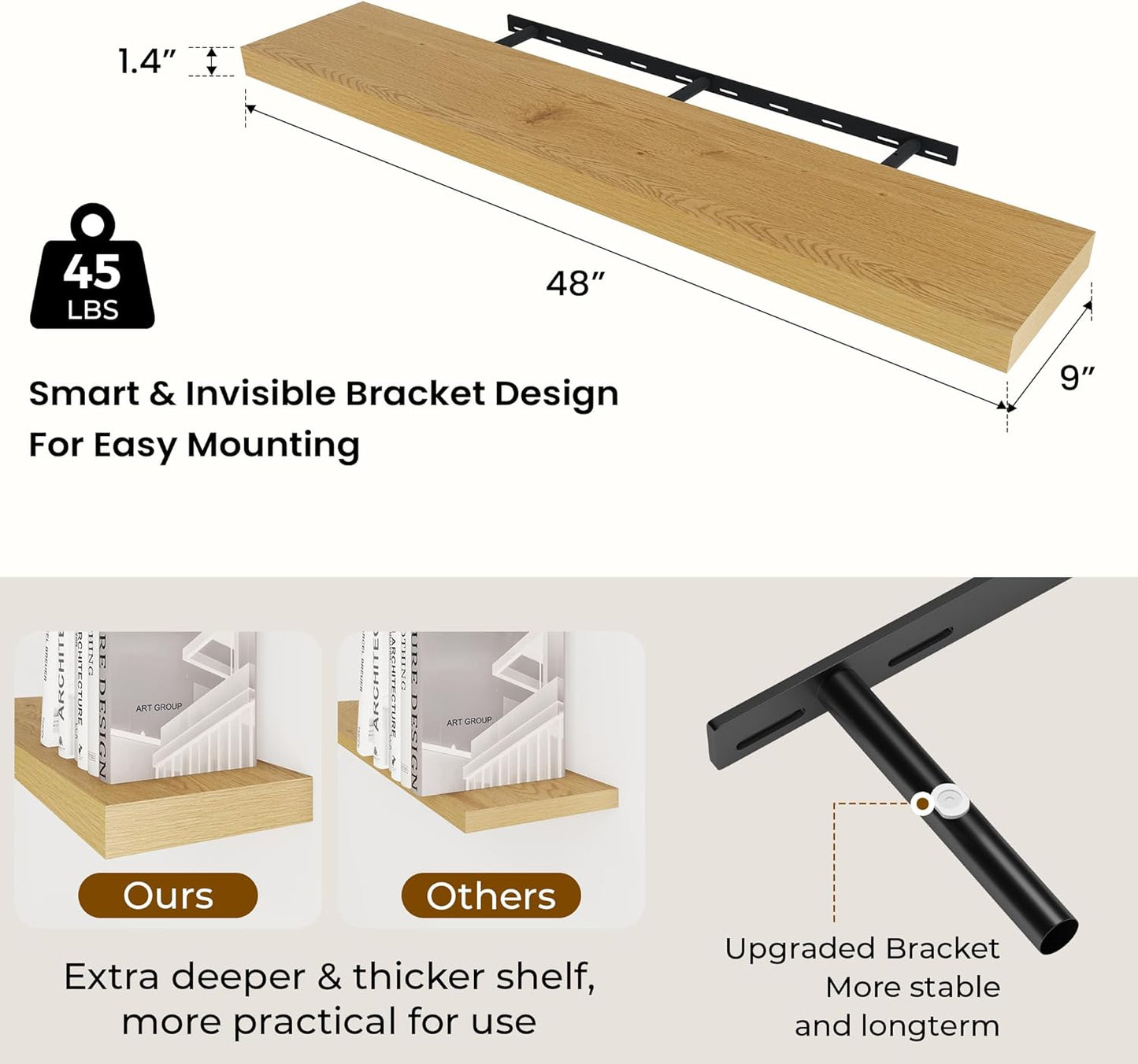 48 inch Floating Shelves for Wall Large Wall Mounted Shelves with Invisible Brackets, Oak Long Shelves for Bathroom, Living Room, Kitchen, Office, 48x9.1 inch deep Set of 2