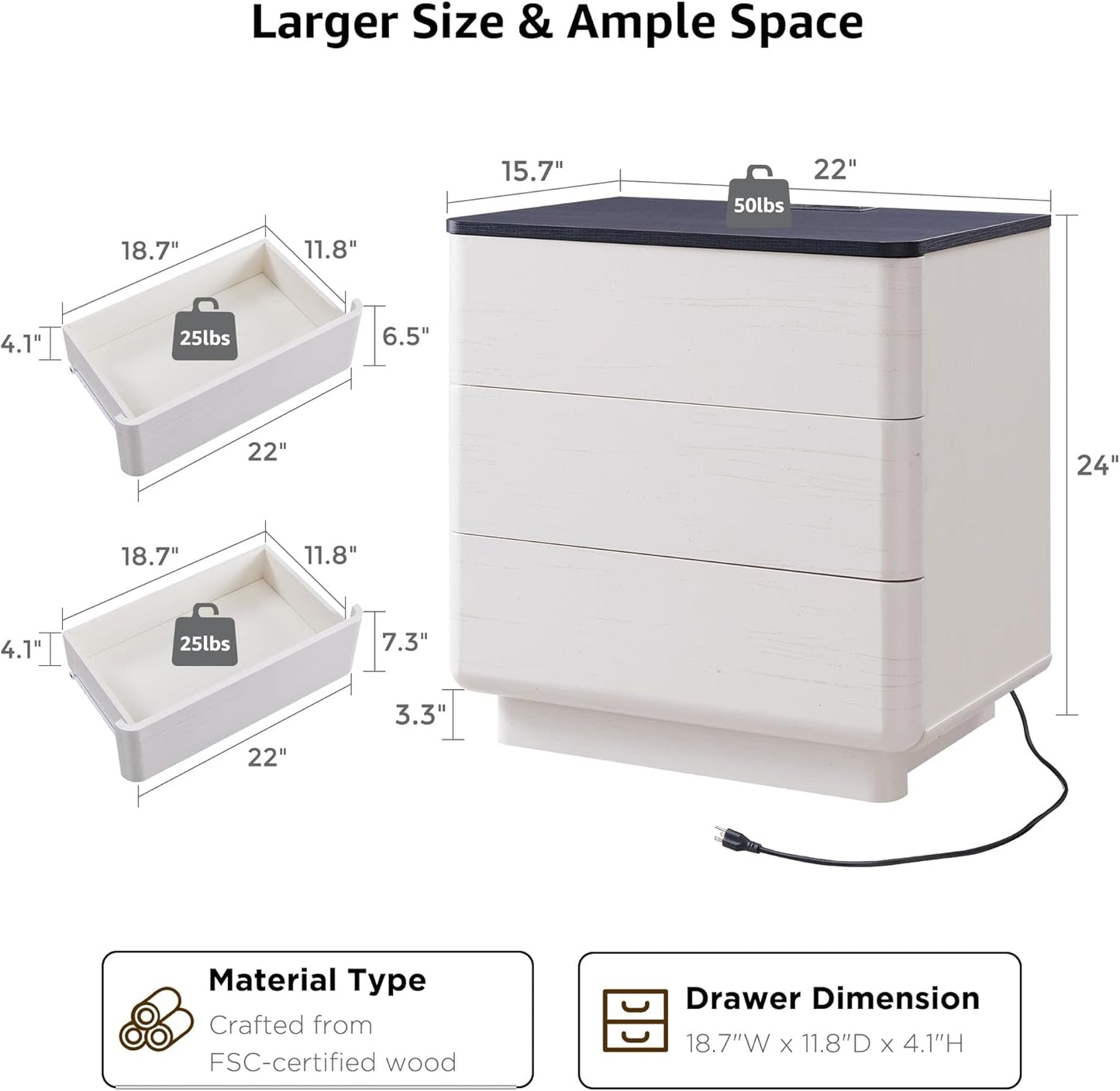 JXQTLINGMU 22" Modern Nightstand Set of 2 with Charging Station, Large Push-to-Open End Table, Wood Bedside Table, Curved Profile, Handleless 3 Drawer Night Stand for Bedroom, Living Room, Off White
