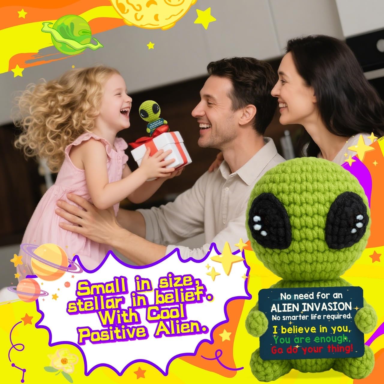 Cool Alien Decor Inspirational Gifts for Boys Girls Friends Positive Animal Crochet Alien for Daily Encouragement Self Affirmation Son Daughter UFO Geeky Decor