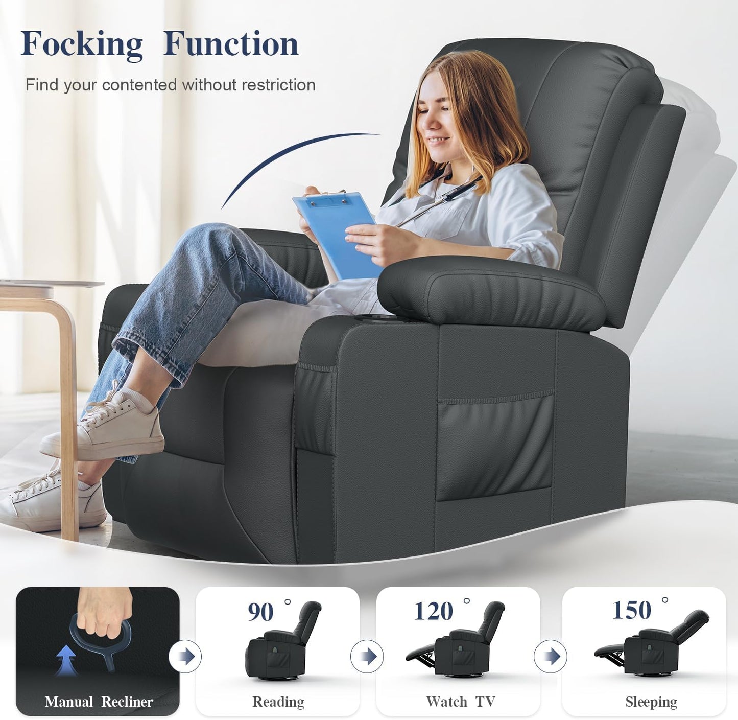 Recliner Chairs for Adults, Massage Rocker with Heated Modern Ergonomic Lounge 360 Degree Swivel Single Sofa Seat Living Room Lounge Recliners Gray