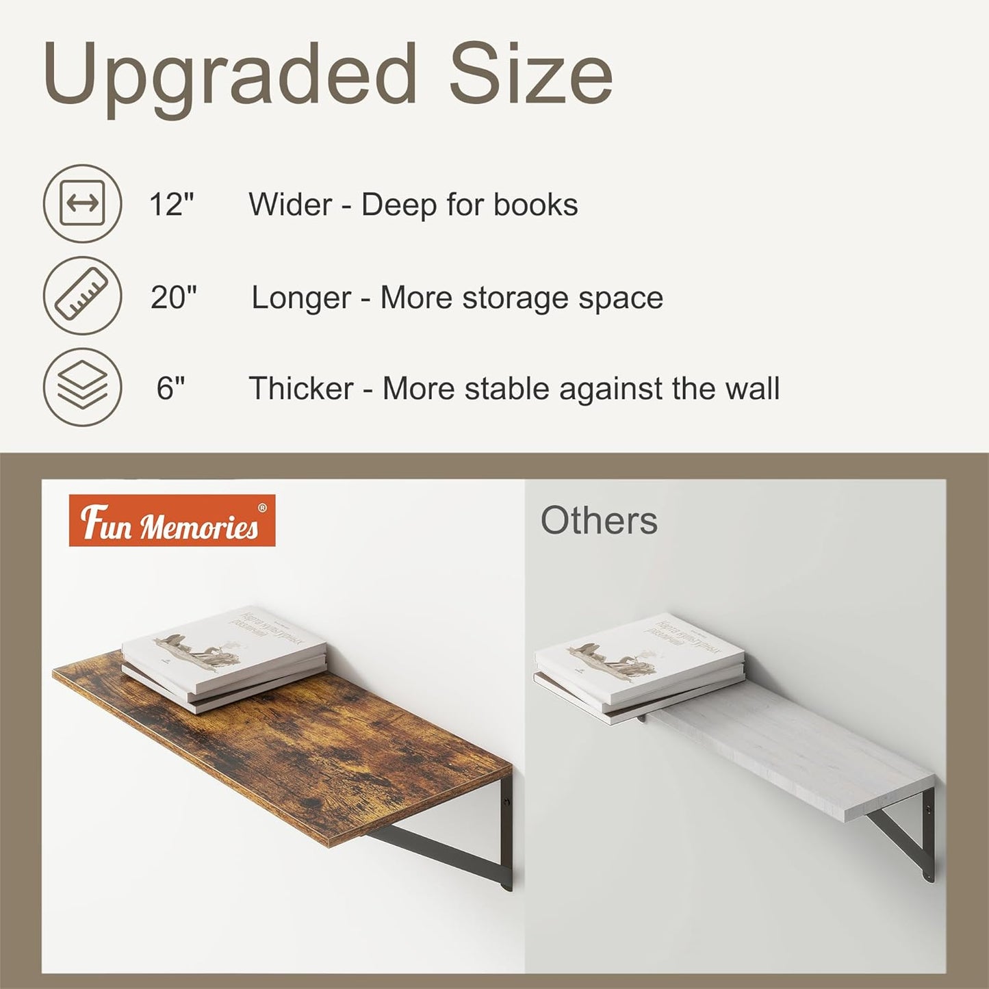 Fun Memories 20 Inch Floating Shelves, Deep Wall Shelves for Kitchen, 20 x 12 Floating Shelf for Living Room, Bedroom, Farmhouse Floating Shelves for Home Decor Storage, Rustic Brown, Set of 2