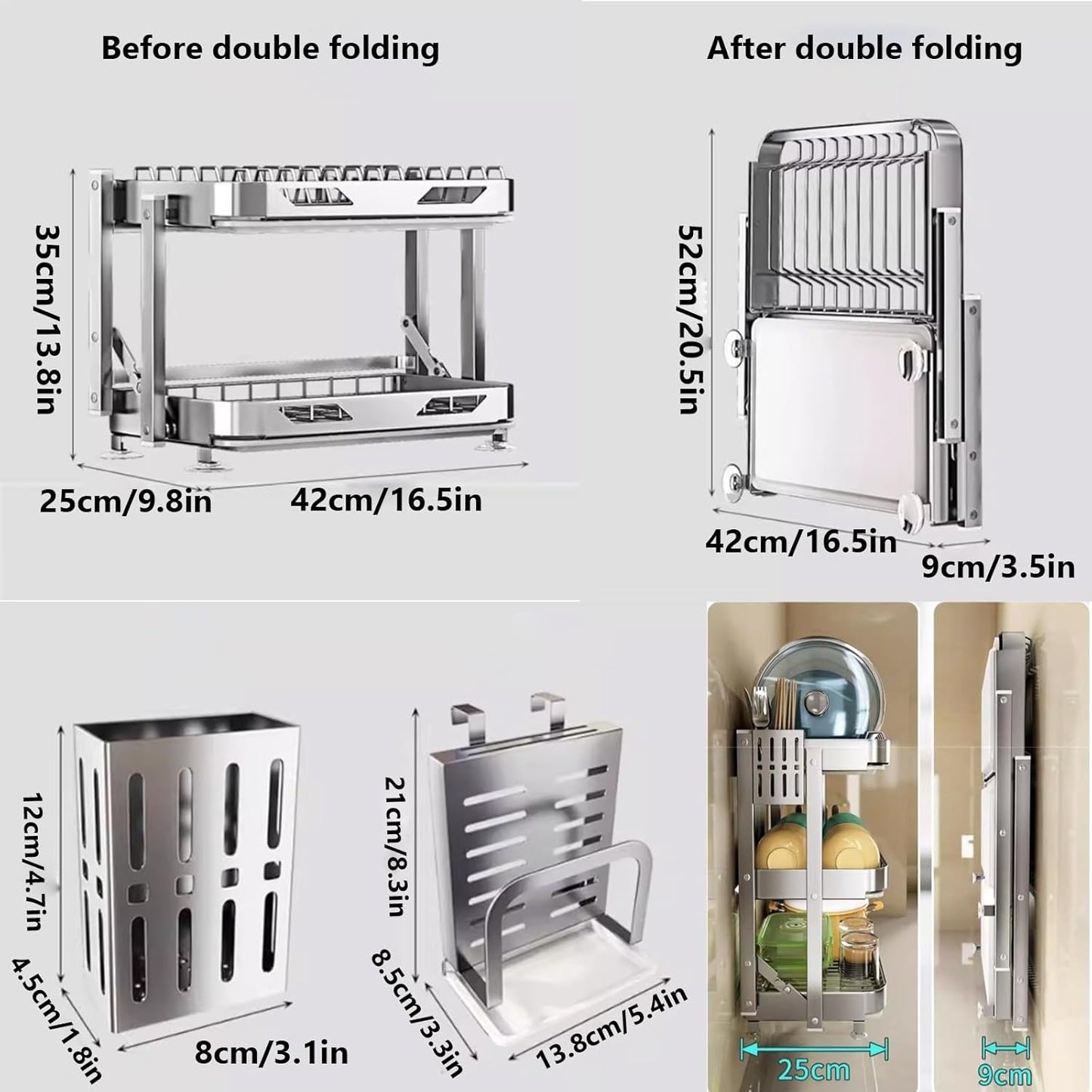 Dish Drying Rack with Drain Board - Rustproof Stainless Steel Dish Rack with Utensil Holder,Dish Racks for Kitchen Counter Over Sink,Over-Sink Drying Rack(Wall-Mounted,Third Floor)