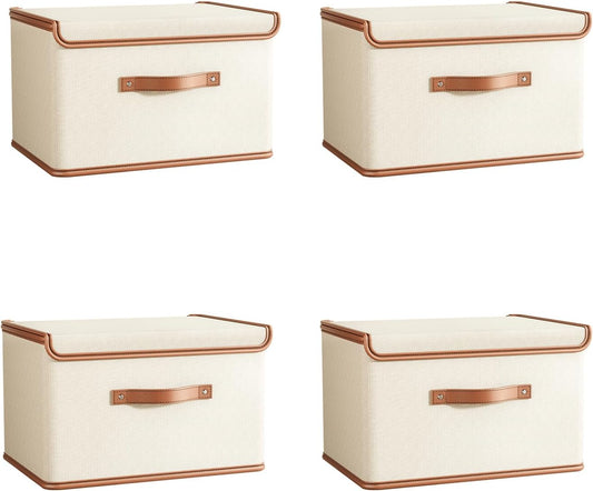 Tuza 4 Pack Storage Bins with Lids, Collapsible Closet Organizer Container, Fabric Organizer Box with Handles, Decorative Storage Boxes with Lids for Organizing Clothes, Books, File, White, Medium