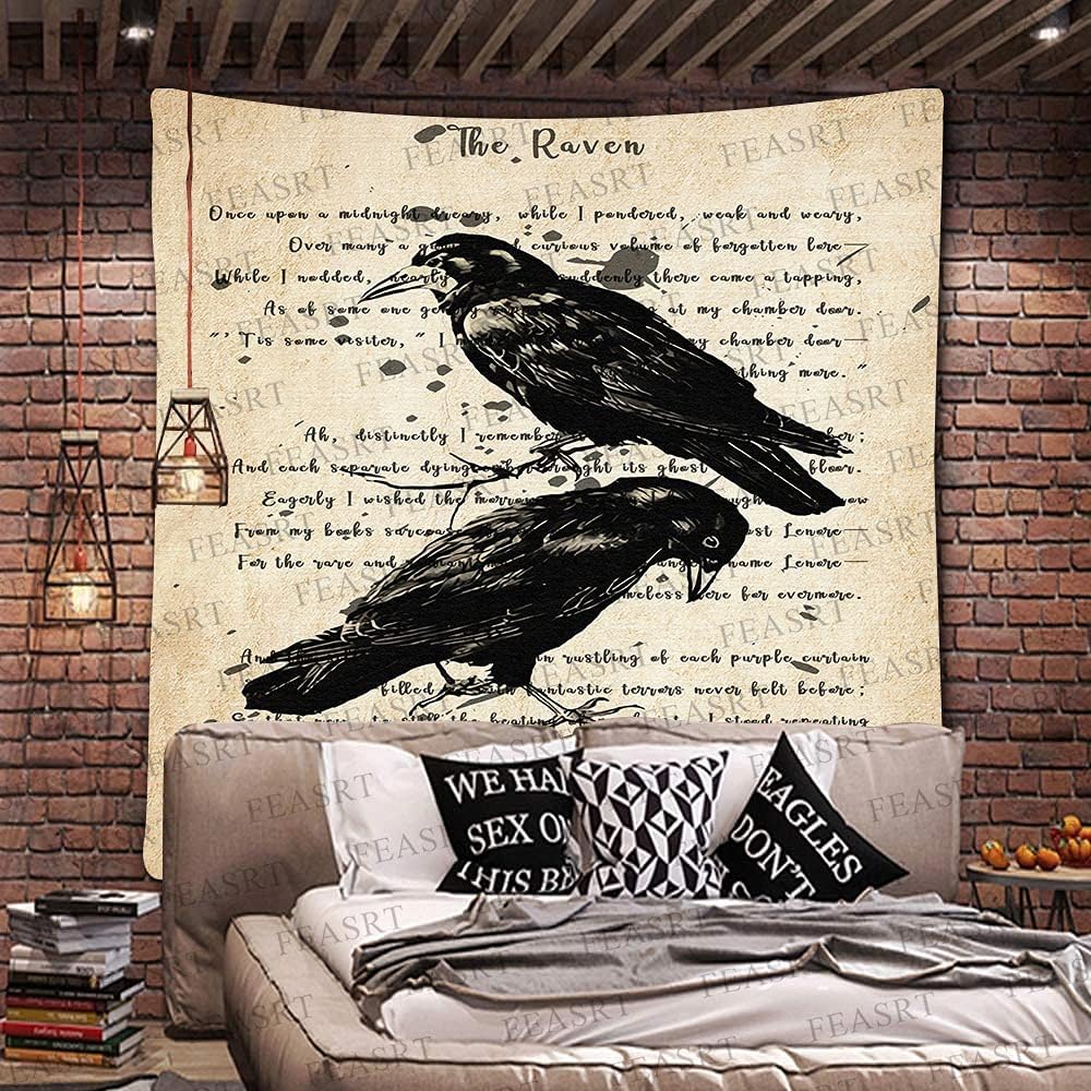 Raven Poem Wall Hanging 51x60 Inches - Crow Tapestry for Living Room, Bedroom, Home, Dorm, Office Decor
