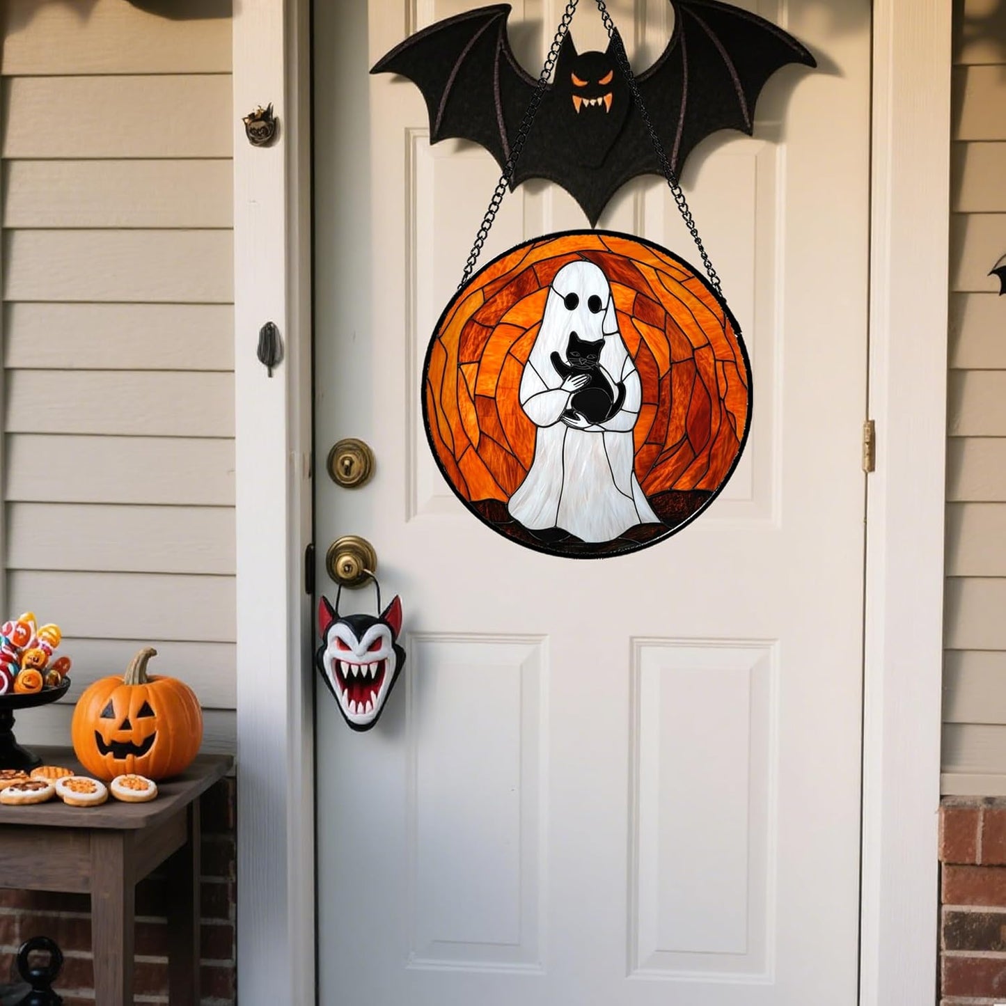 Stained Glass Window Hanging - Halloween Cute White Ghost Black Cat Suncatcher for Doors Garden Home Spooky Orange Sun Catchers Gothic Decor Horror Gift for Women Men Friend Boy Girl 9.8 in