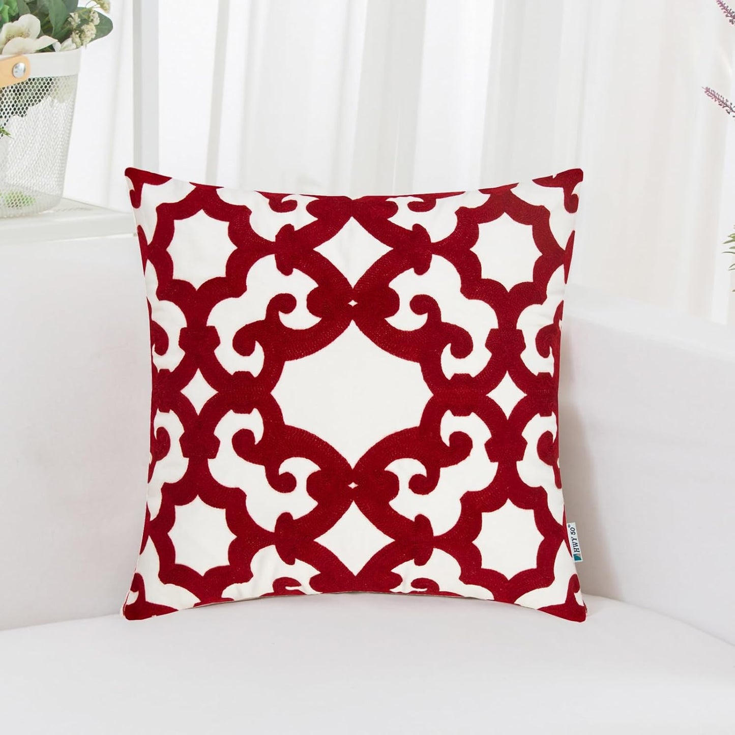 HWY 50 Red Decorative Throw Pillow Covers 18x18 Inch (1 Piece), Embroidered Cotton Farmhouse Cushion Cover Pillow Case for Sofa Couch Living Room Bed, Geometric