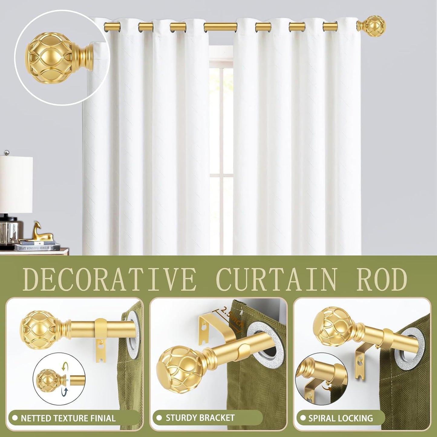 Gold Adjustable Curtain Rods for Windows:72-144 Inch Farmhouse Heavy Duty Long Curtain Rod for Bedroom Living Room,Boho Decorative Rustic Drapery Rods with Vintage Coastal Finials,Brass Gold