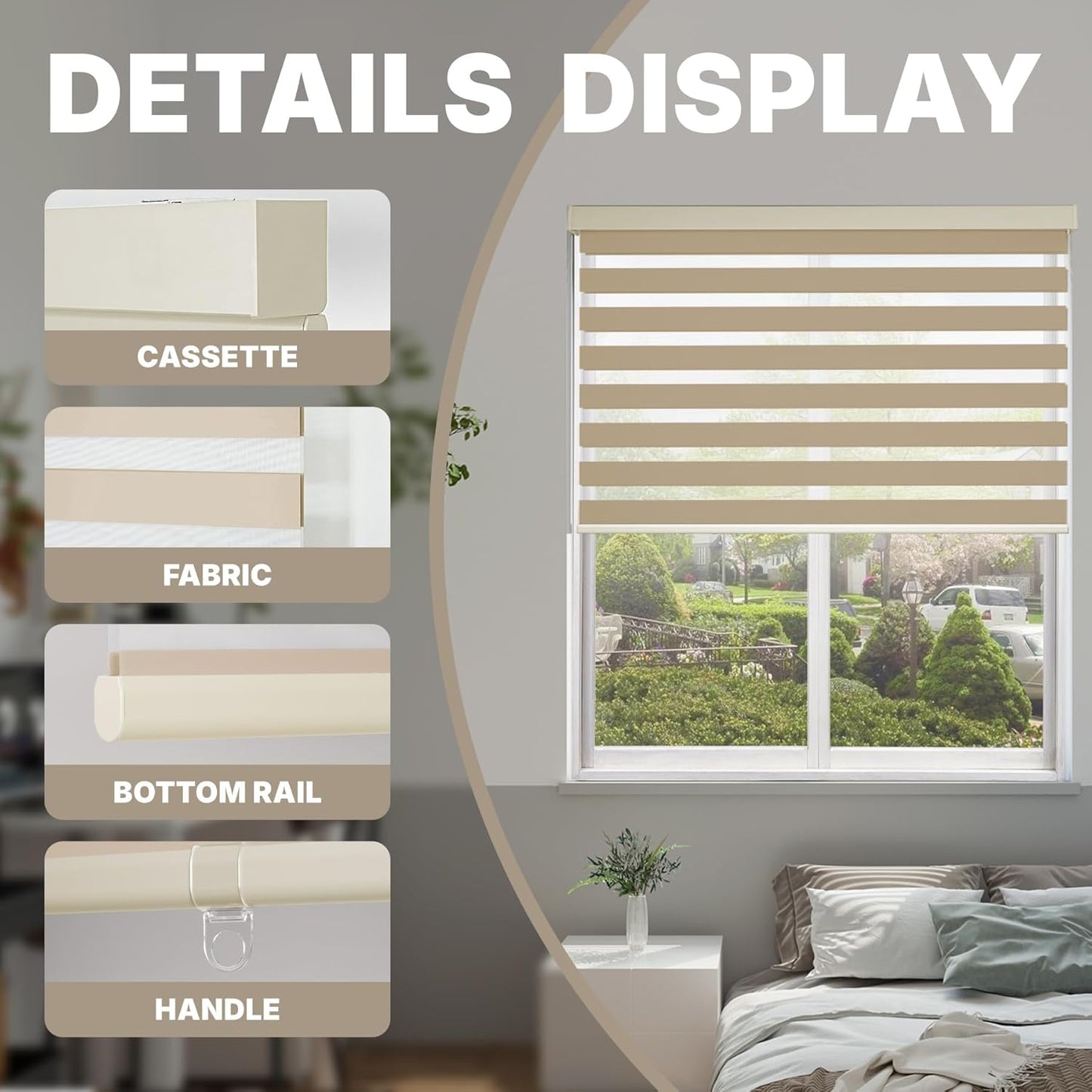 HESTIA Cordless Zebra Blinds Light Filtering Roller Shades UV Blocking Blackout Privacy Indoor Window Shades for Home Office Day and Night, Beige,45" W x 48" H
