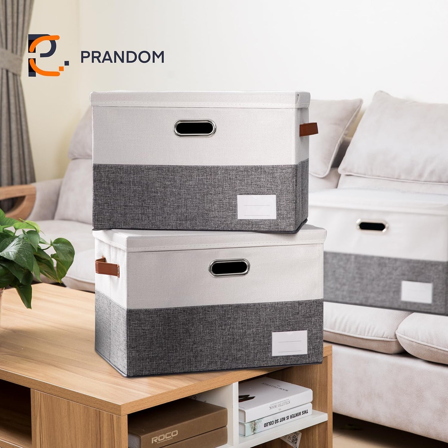 PRANDOM Foldable Storage Bins with Lids [3-Pack] Fabric Collapsible Storage Boxes Baskets Cubes Containers with Handles for Closet Living Room Bedroom (Grey & White 17.7x11.8x11.8'')
