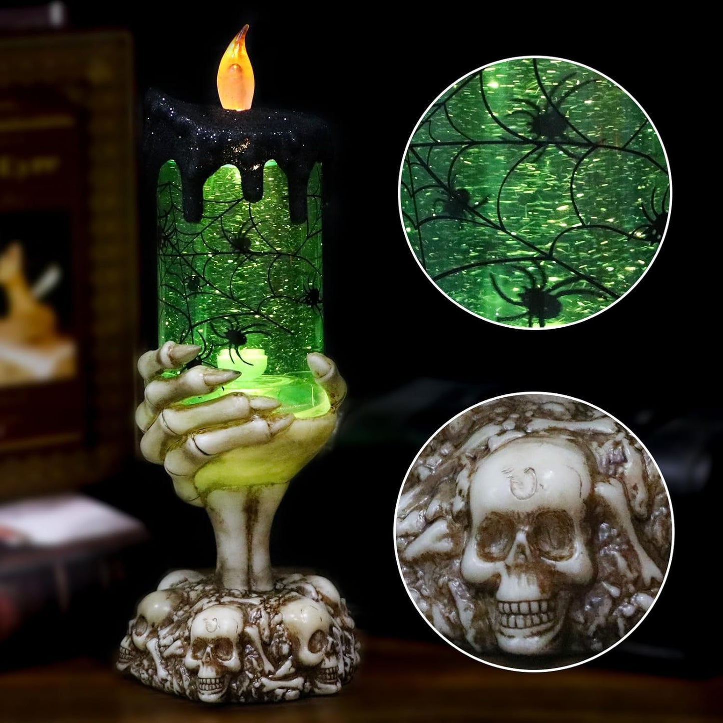 Eldnacele Halloween Snow Globe Candles Lighted Lamp USB Powered Battery Operated Spooky Spinning Water Glittering Tornado Flameless Candles Skeleton Hand Holder Halloween Centerpiece Decor(Spider)