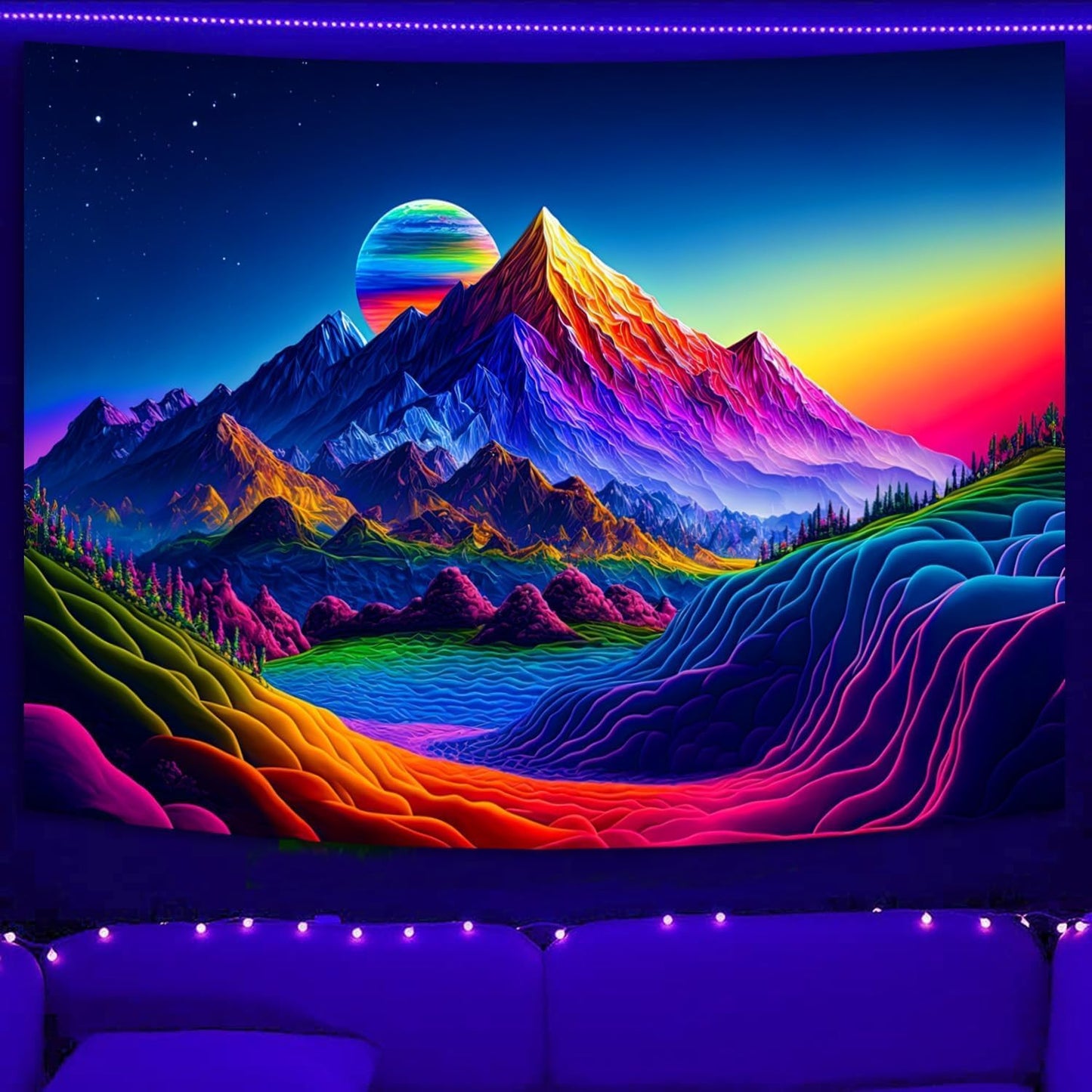 SparkLia Sunset Mountain Tapestry, Blacklight Colorful Forest Lake UV Reactive Tapestry, Neon Glow in the Dark Starry Stars Nature Landscape Wall Hanging Tapestries for Bedroom - 59.1" x 80"
