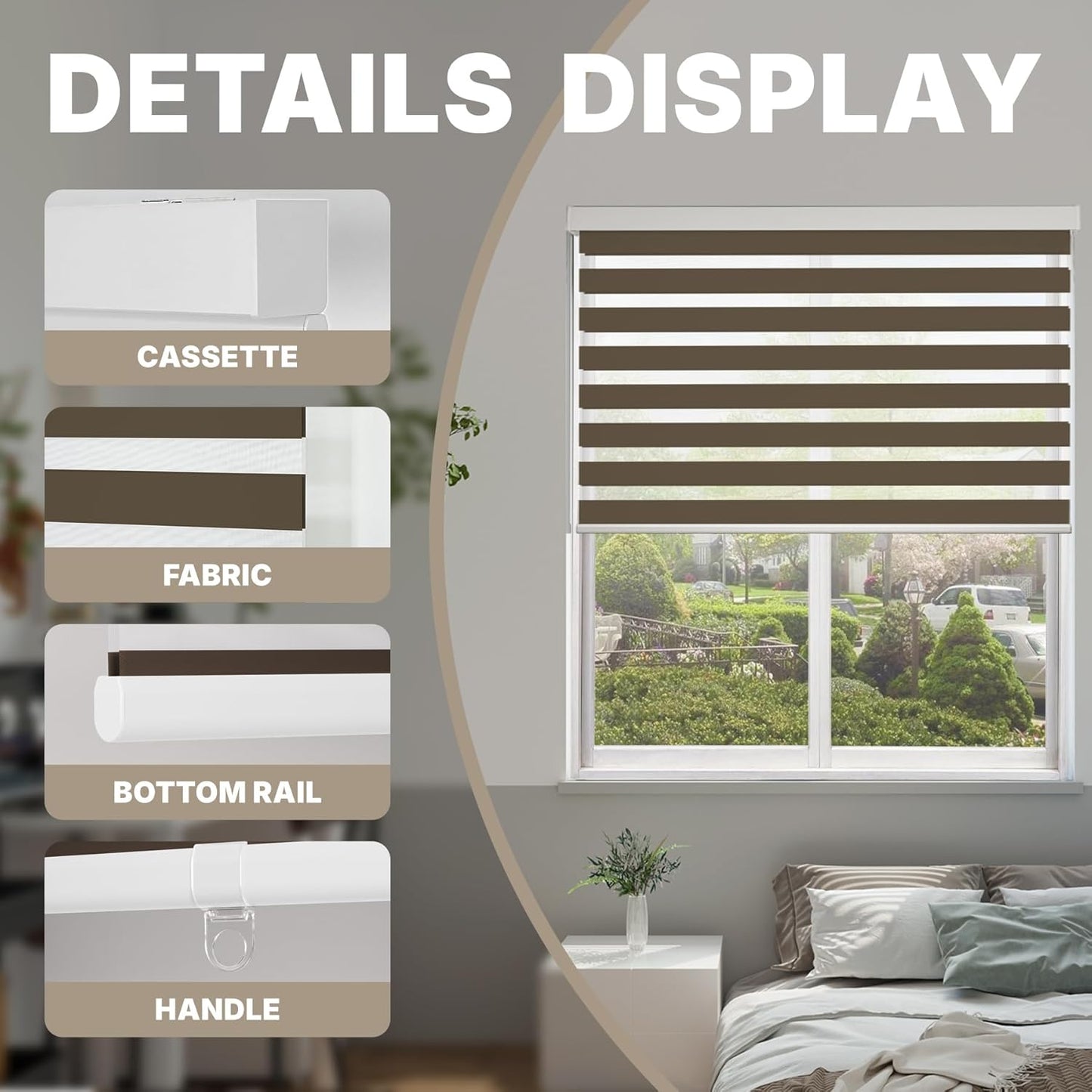 HESTIA Cordless Zebra Blinds Light Filtering Roller Shades UV Blocking Blackout Privacy Indoor Window Shades for Home Office Day and Night, Brown,39" W x 54" H