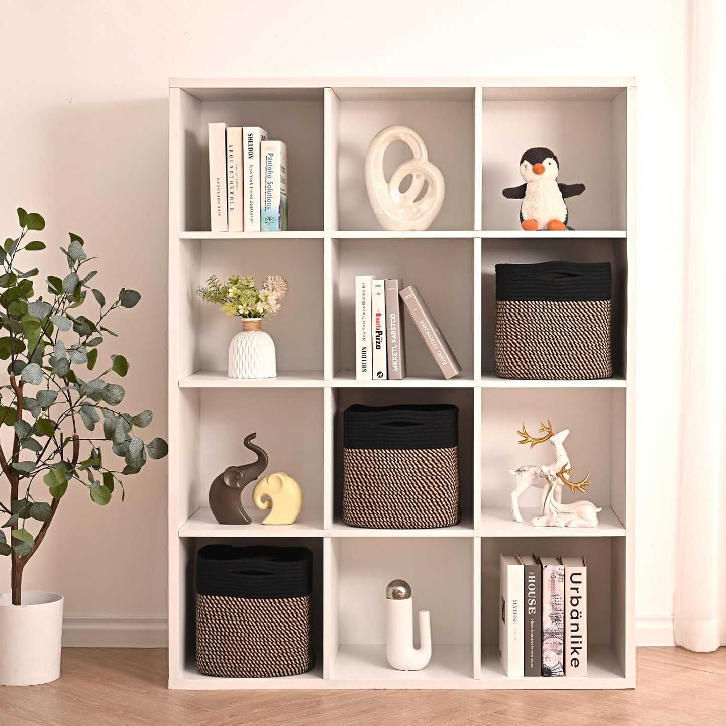 11 Inch Cube Storage Bins, Storage Cube Organizer Bins, Woven Cotton Rope Baskets for Storage, Storage Basket for Organizing Shelves, Square Baskets for Toys Nursery, Black & Jute (Pack of 3)