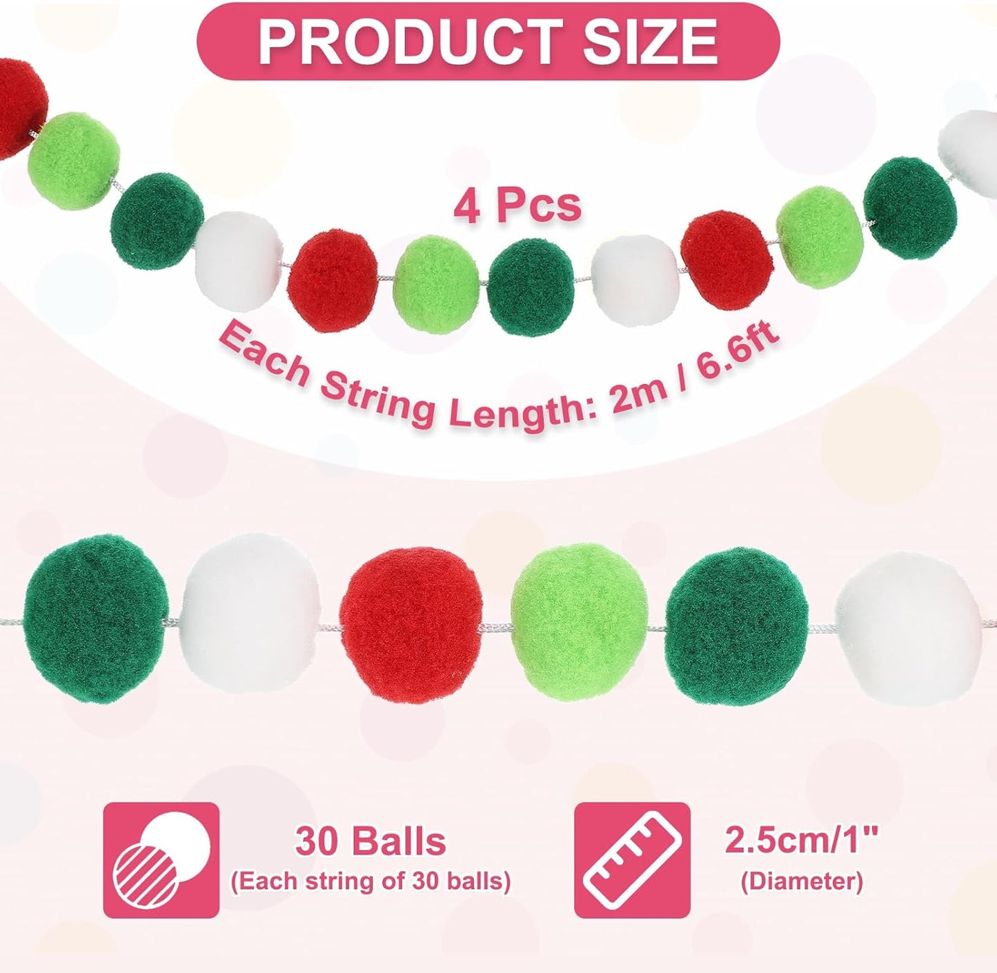 PATIKIL 26Ft Pom Pom Garland Decorations, 4Pcs Colorful Felt Ball Garland Banner Cute Rainbow Pompom Hanging Decorations for Tree Ornaments Homes Decor, Red/Green/White/Gray Green