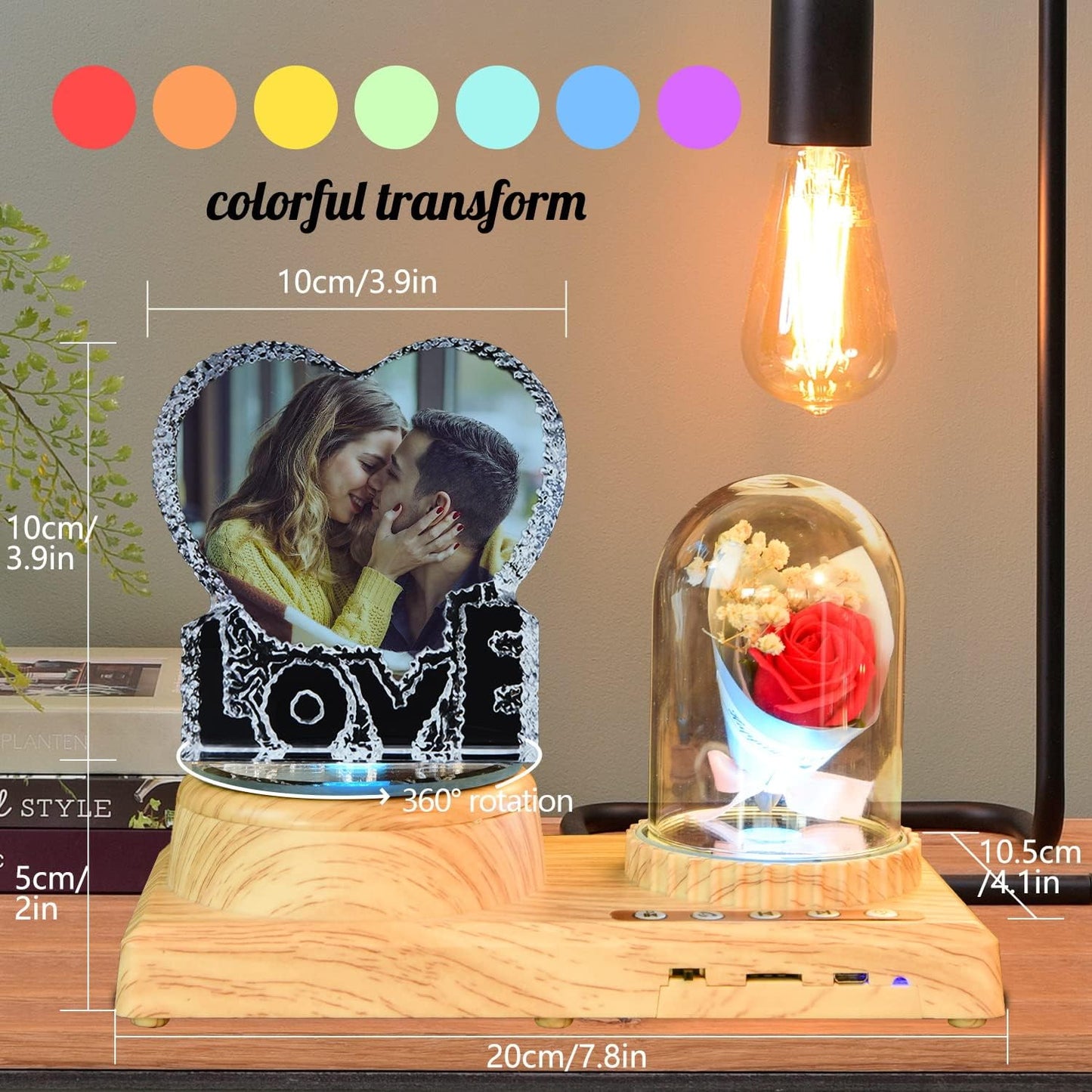 Crystal Print with Your Photo, Heart-Shaped Love Photo Custom Night Light Personalized Lamp with Bluetooth Rose Audio, Crystal Photo Frame Best Gift for Couple Love Women Men Wedding Christmas