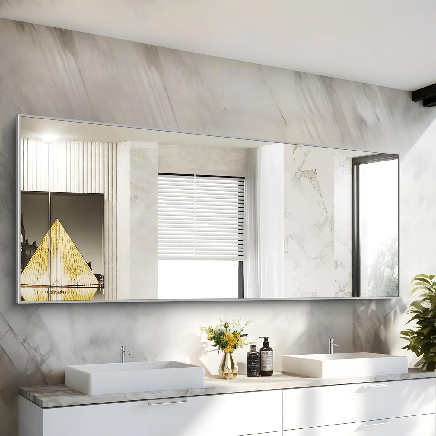 36x72inch Bathroom Mirror, Silver Rectangle Mirror with Thin Metal Frame, Large Rectangular Wall Mirrors for Bathroom, Living Roomm, Hair Salon, Big Farmehouse Mirror Hang Horizontal/Vertical