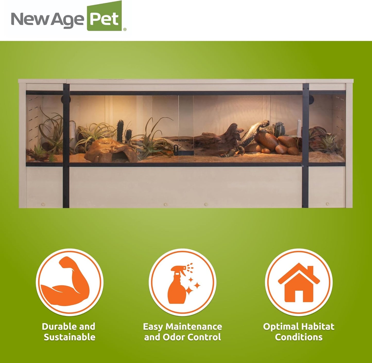 New Age Pet ECOFLEX 60-Inch Mojave Reptile Lounge in Maple- Durable, Moisture-Resistant Wood Plastic Composite Habitat with Vented Side Panels, Removable Sliding Glass Doors & Lock