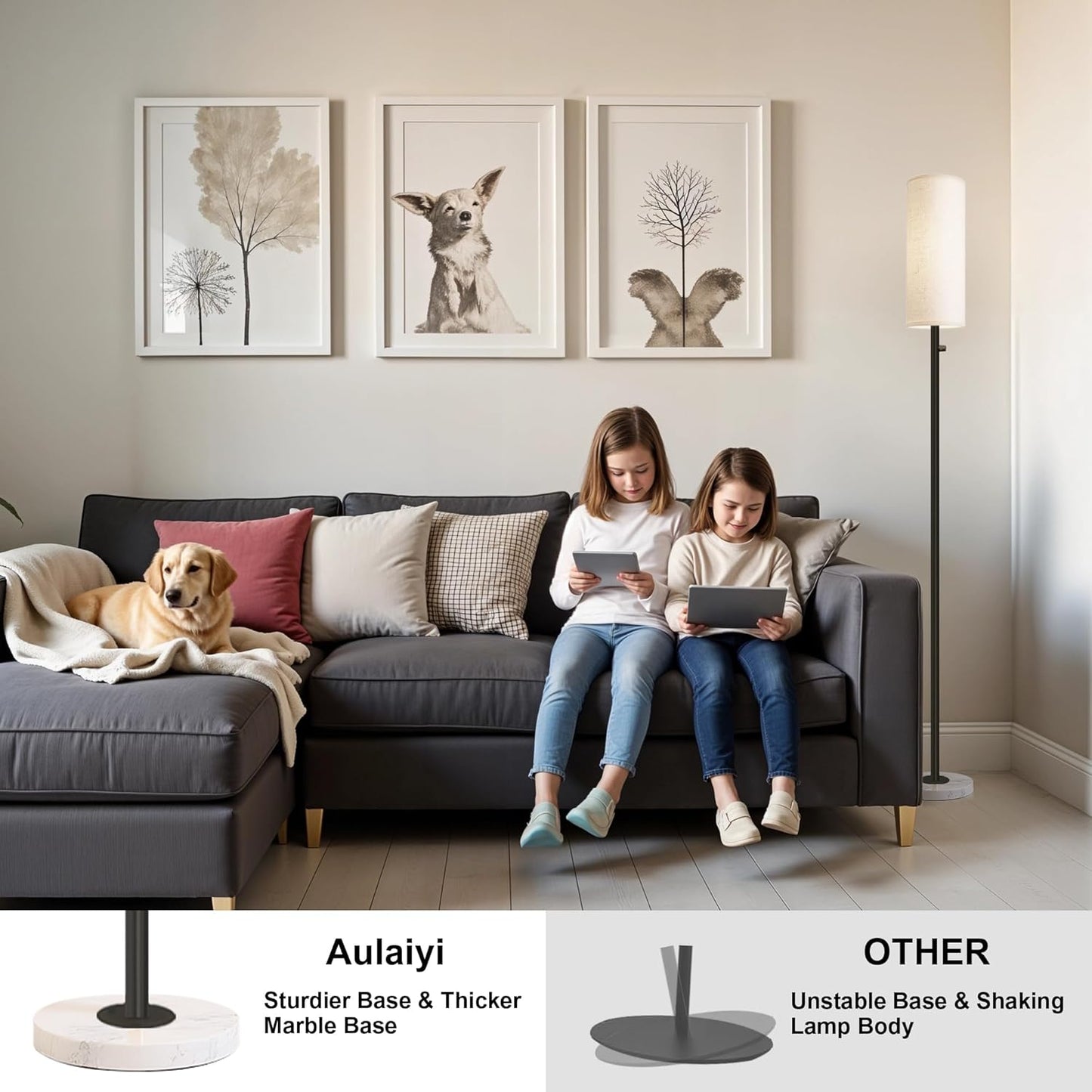 Floor Lamp for Living Room,Dimmable Floor Lamp with LED Bulb,Modern Standing Lamp with Marble Base,Tall Standing Lamps for Living Room,Bedroom,Office,Reading and Nursery(Black)