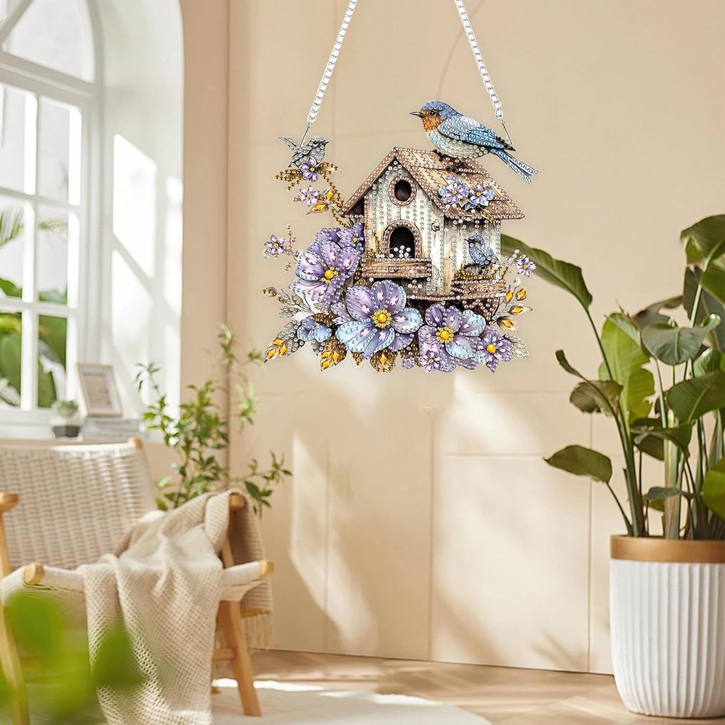 Lxmsja DIY Birdhouse Diamond Painting Hanging Ornament, Double-Sided Acrylic Flowers Bird Diamond Art Kit, Special Shaped Drill Pendant Window Art Kit, Suncatcher Hanging Craft Decoration 8x8 inch