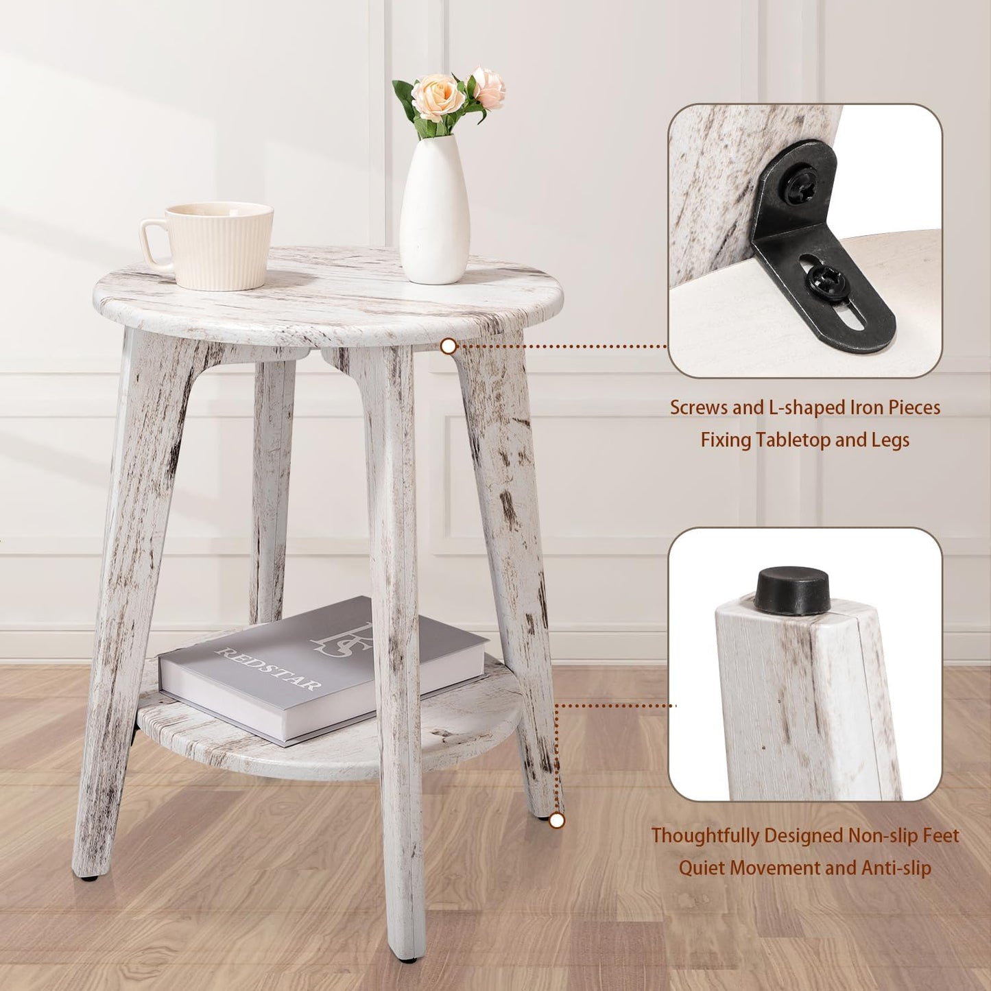 Farmhouse Round Side Table Rustic White Wooden End Table with Lower Shelf Vintage Nightstand Beside Table for Living Room Bedroom Small Spaces