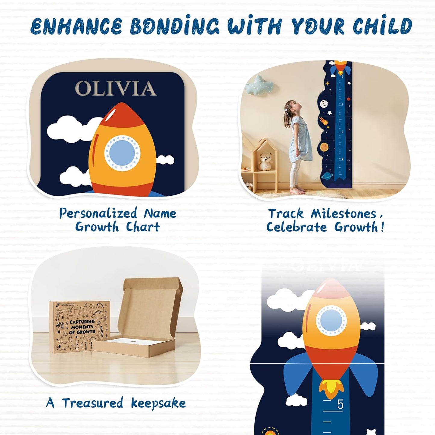 Personalized Name Growth Chart for Wall, Rocket Wood Height Chart for Kids, Height Measurement for Wall, Boy Girls Height Wall Chart Growth Measuring Ruler, Toddler Playroom Decor