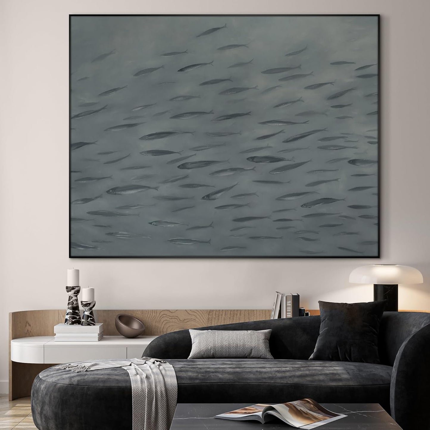 SIGNWIN 60"x72" Extra Large Framed Wall Art Gray School of Fish Minimalist Ocean-Inspired Marine Life Illustration for Home Living Room Bedroom Decor (Frame Assembly Required)