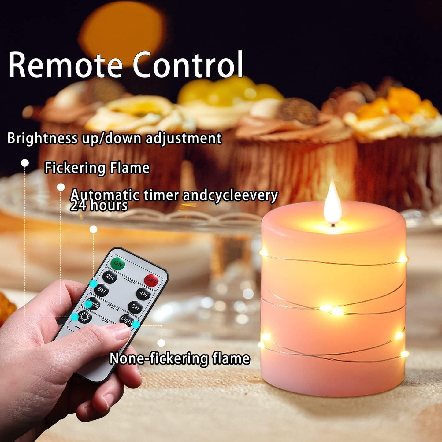 Pink Flameless Candles with String Lights Battery Operated Flickering LED Pillar Candles 4‘’ 5‘’ 6‘’ Candle with Remote Control, Set of 3