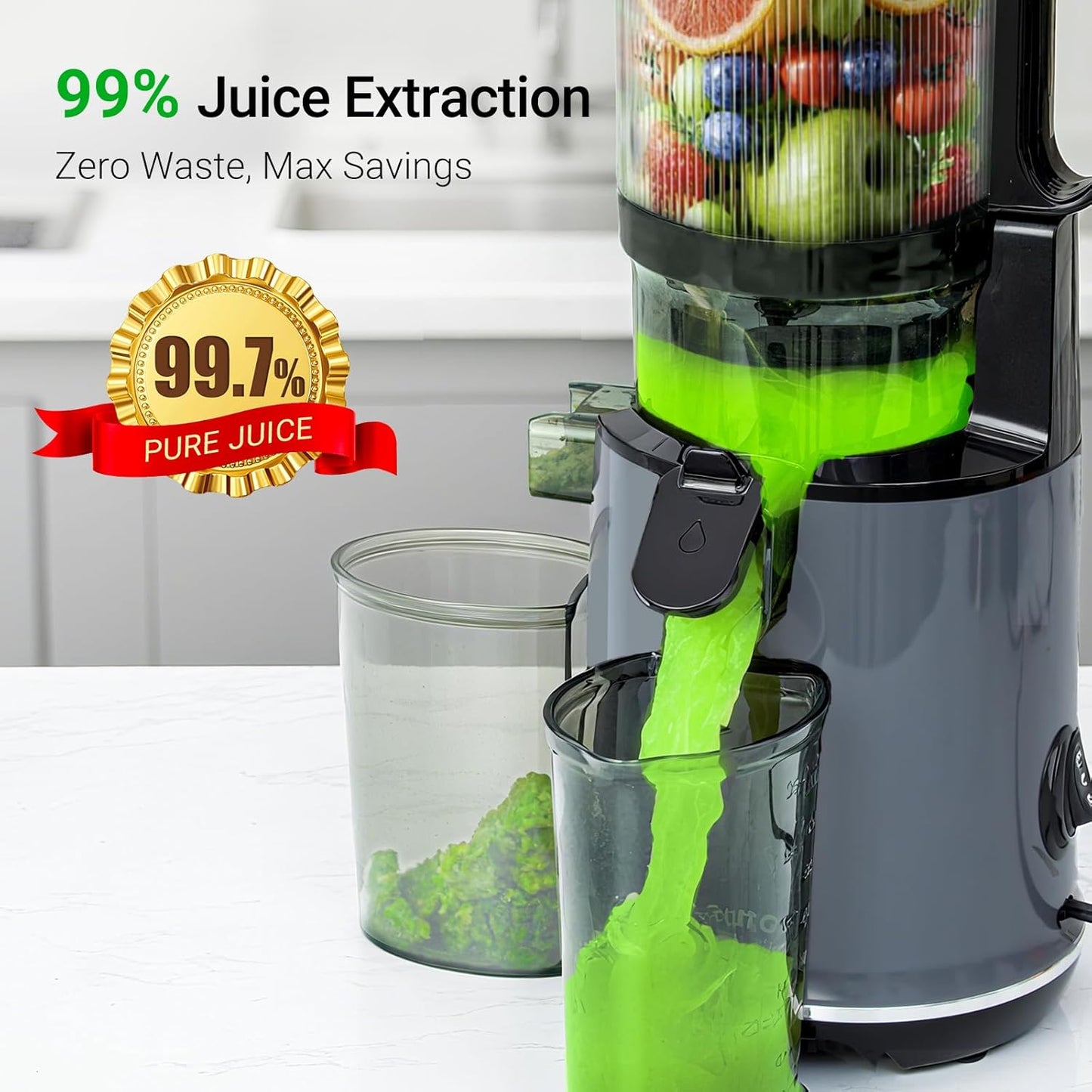 Juicer Machines,Aeitto Cold Press Juicer with 5.3“ Extra Large Feed Chute for Whole Fruits & Vegetables, Slow Masticating Juice Extractor, Self Feeding, Easy to Clean, High Juice Yield, Grey