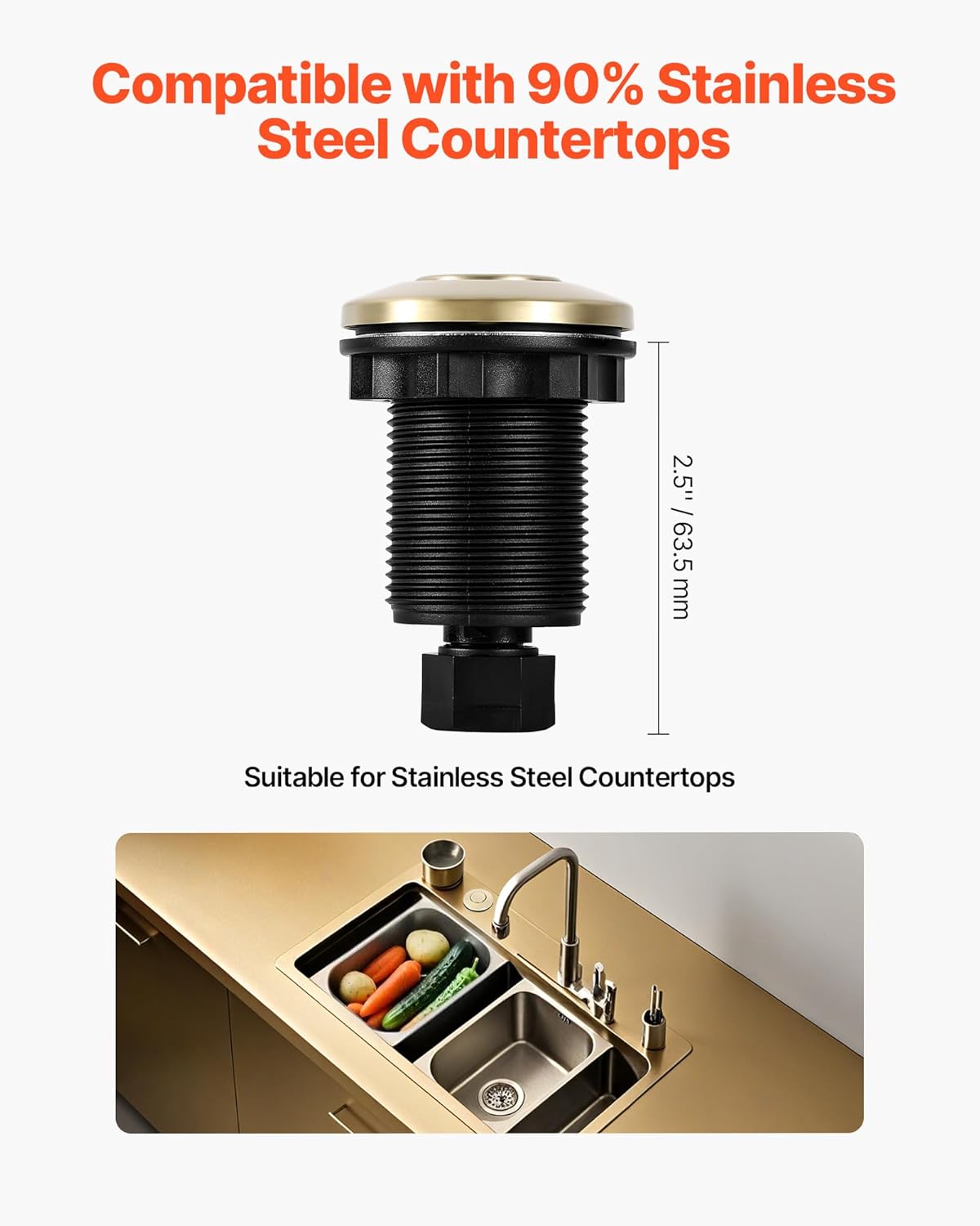 VEVOR Garbage Disposal Air Switch Kit, 2.5" Sink Top Air Switch for Food Waste Disposal, Brushed Gold Stainless Steel ON/OFF Air Button for Waste Disposer - Suitable for Stainless Steel Countertops