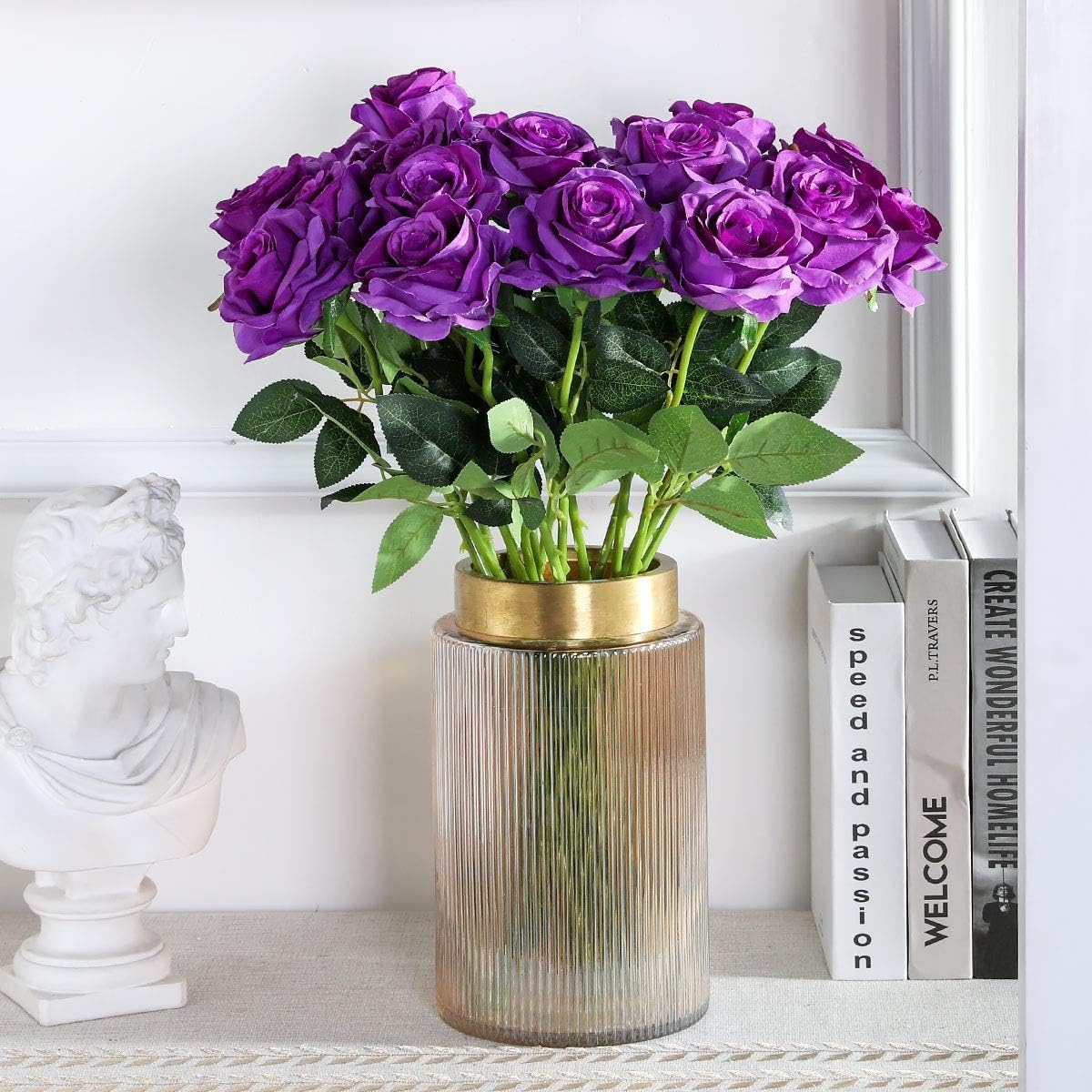 Purple Fake Roses Artificial Flowers - 10 Pcs Fake Artificial Roses Silk Flowers with Stems for Home Wedding Hotel Office Centerpiece Decor