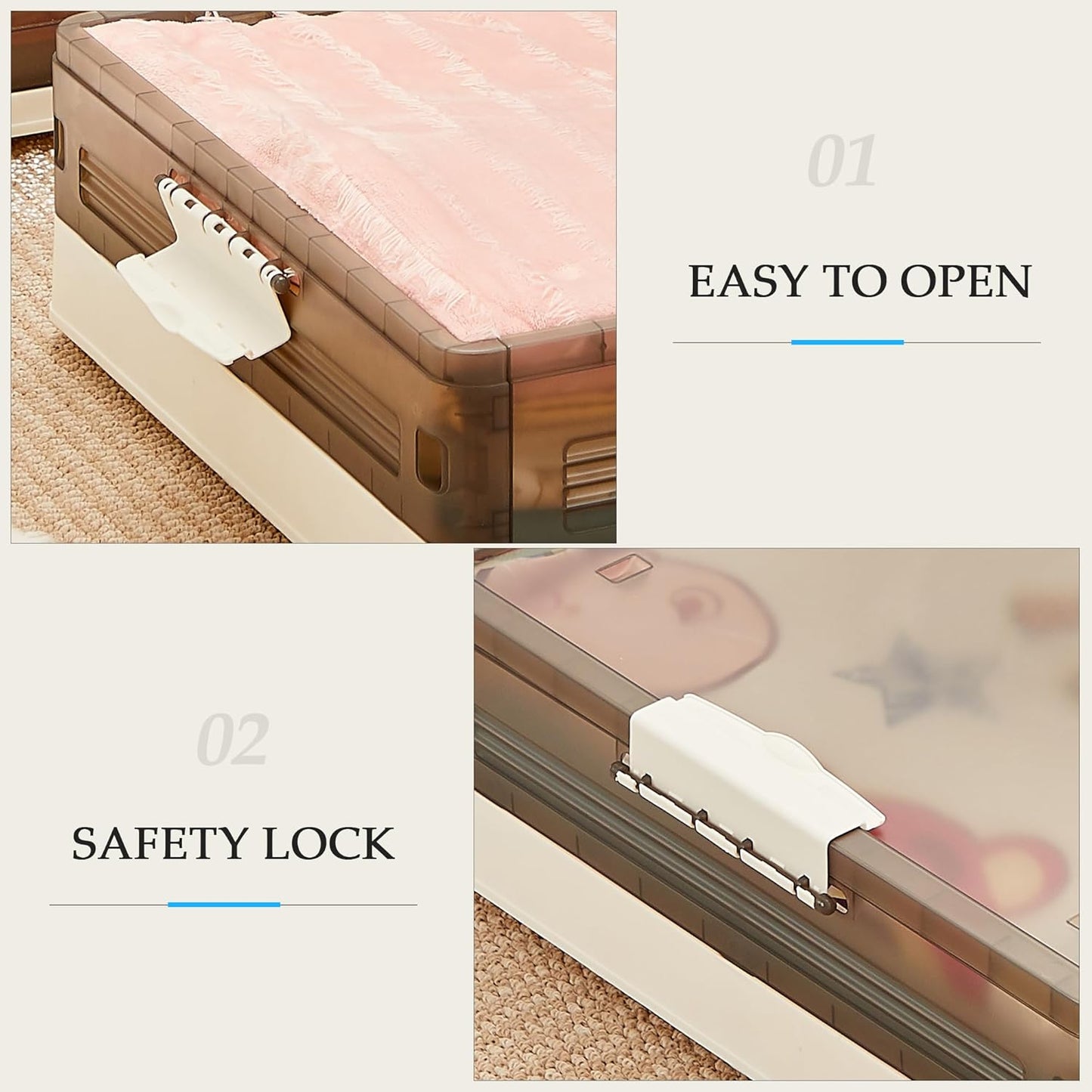 VECELO Under Bed Storage with Wheels, 2 Pack Stackable Under Bed Storage Containers, Underbed Storage Containers with Lids, Plastic Foldable Folding Box for Clothes Shoes, Grey