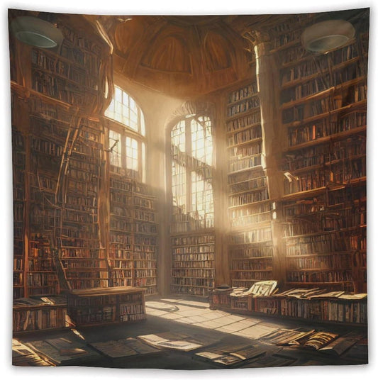 Kurtect Retro Bookshelf Tapestry,Medieval Mid Century Library Building Pattern Print Tapestries for Party Beach Picnic Blankets Tablecloths Living Room Wall Deocr, 60x60 in