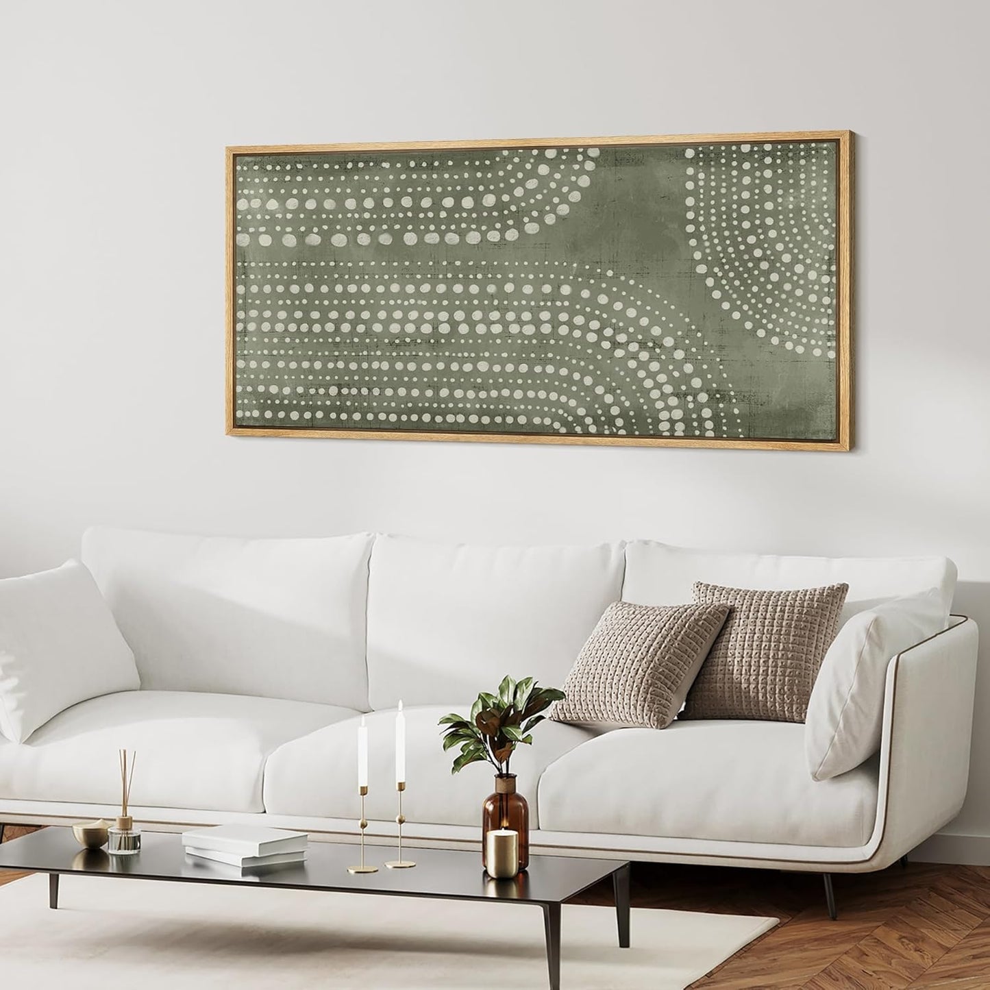 MUDECOR Extra Large Framed Canvas Print Wall Art Abstract Dot Matrix Canvas Art in Olive Tones Antique Retro Fine Art Illustrations Decorative Colorful for Bedroom - 60"x30"