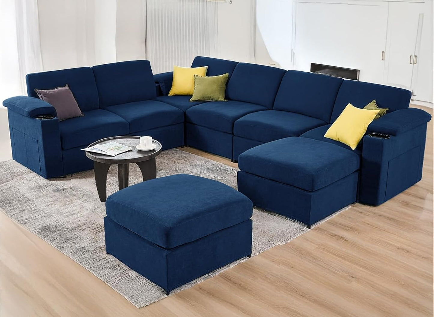 Modular Sectional Sofa Couch for Living Room Velvet Cloud Couches Oversized U Shaped Convertible Sleeper Sofa Chaise Detachable Armrest Cushion Cup Holder (Blue, 8 Seats)