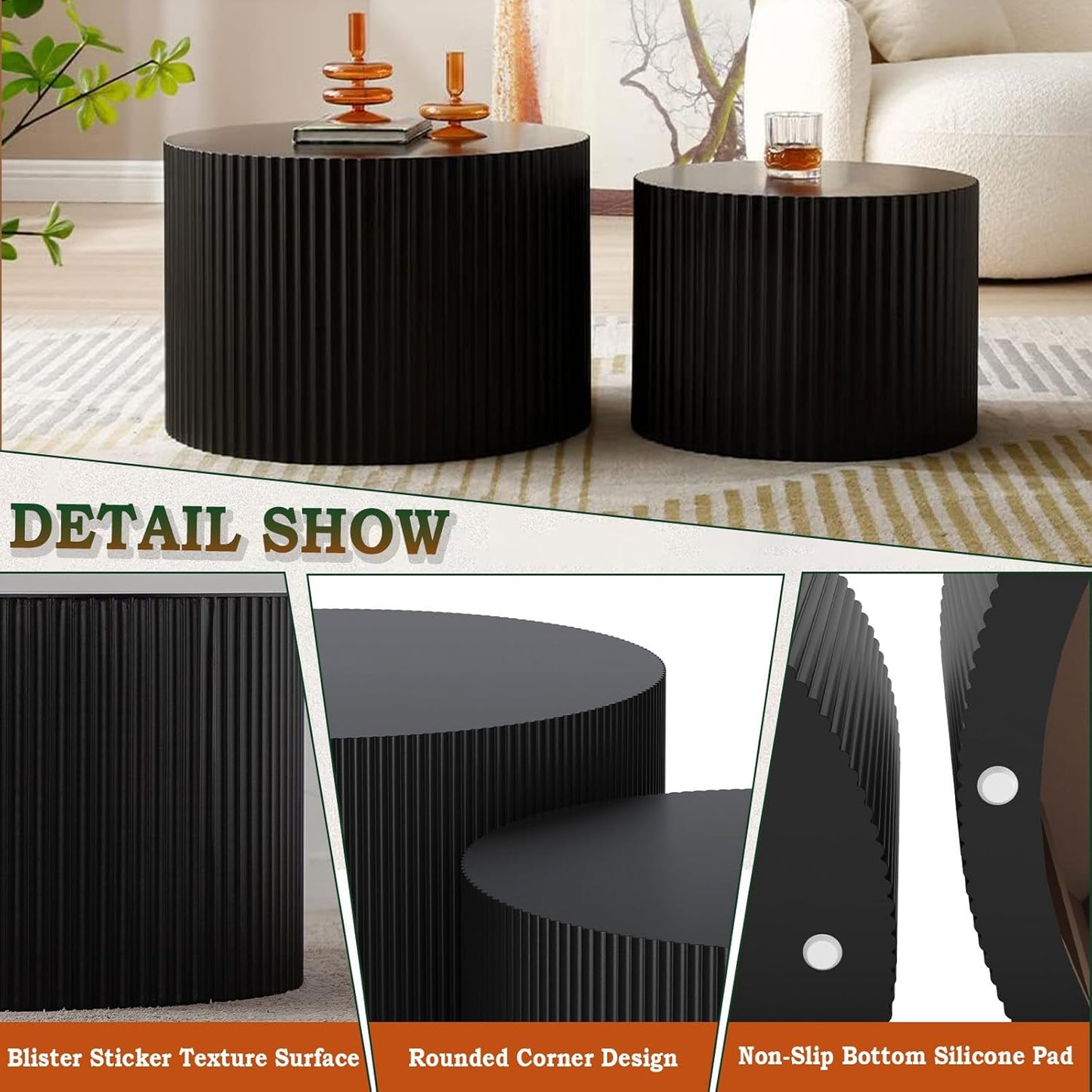 Round Nesting Coffee Table Modern Fluted Coffee Table Set of 2 Circle Drum Coffee Tables Small Round Accent Side End Table for Living Room No Assembly (Black A 27in)